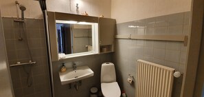 A bathroom with a shower, sink, toilet, and a mirror above the sink. - Det Gamle Rådhus (Grasten)