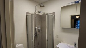 A modern bathroom with a glass-enclosed shower, a toilet, a sink with a mirror, and a trash bin. - Det Gamle Rådhus (Grasten)