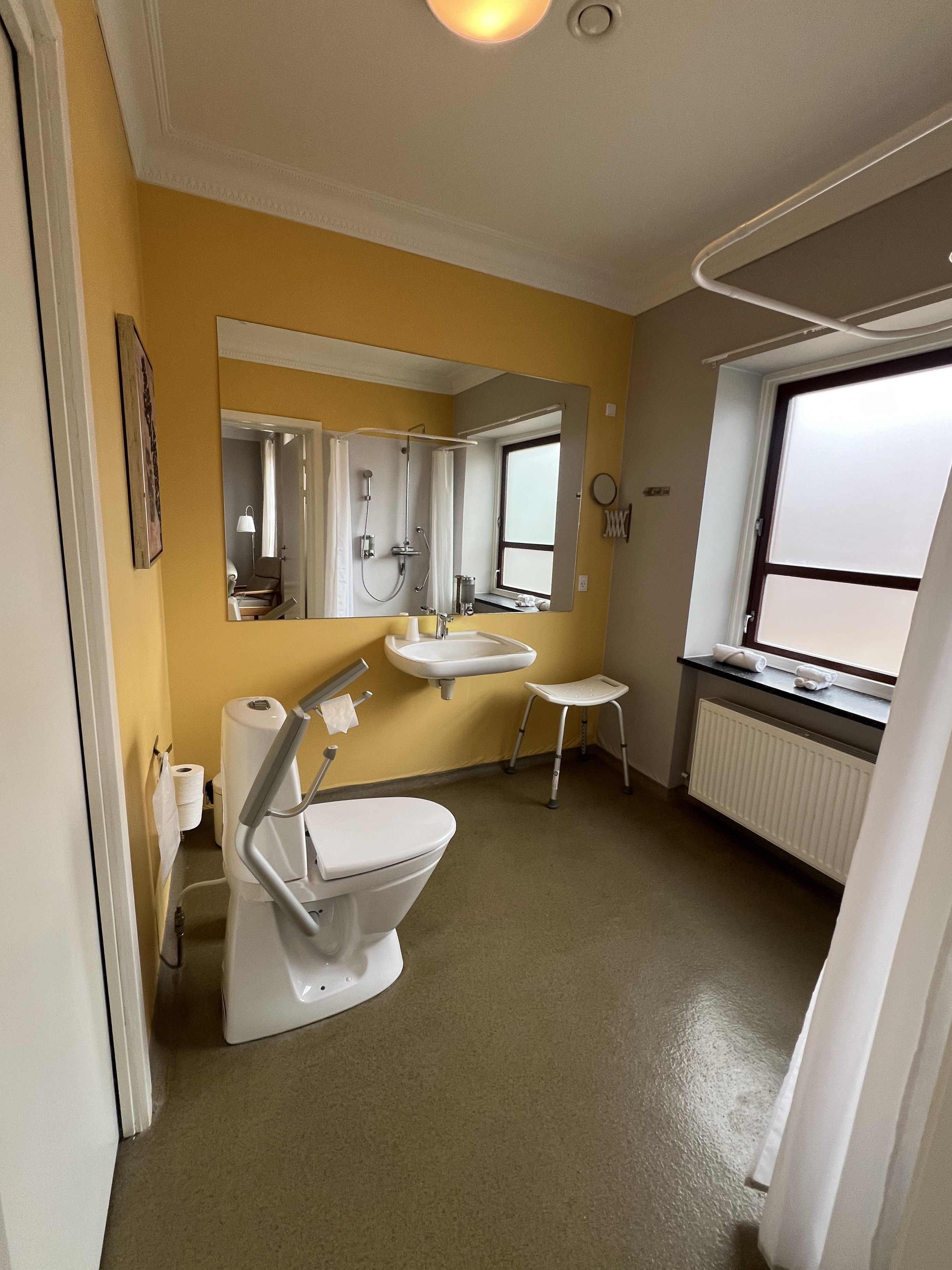 Un baño con inodoro, lavabo y ducha.