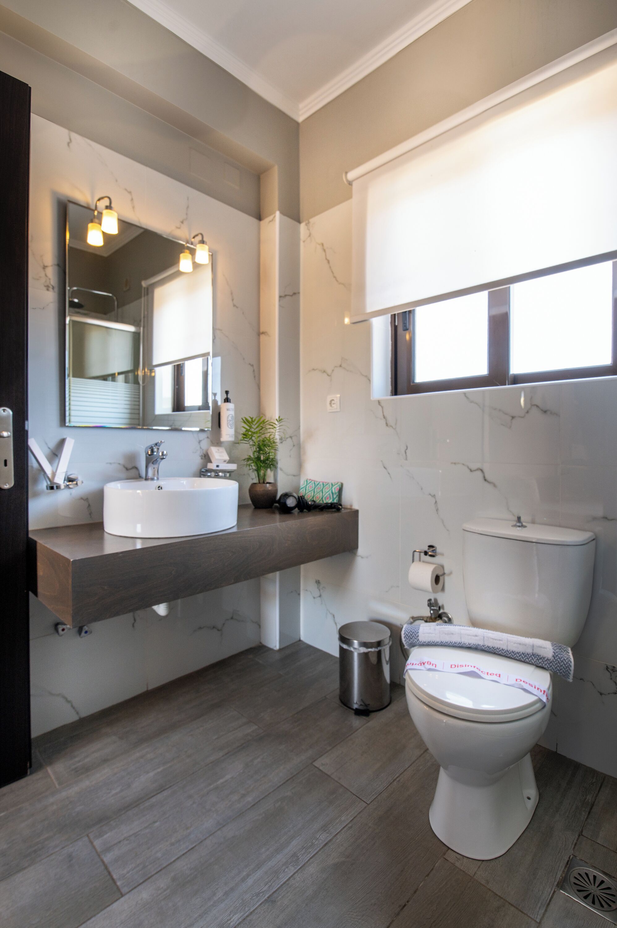 A modern bathroom with a white toilet, a sink, and a mirror above it. There is a trash can and a small plant on the counter.