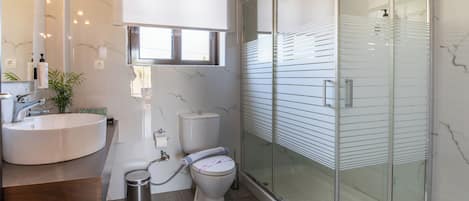 A bathroom with a glass-enclosed shower, a white sink, and a toilet.