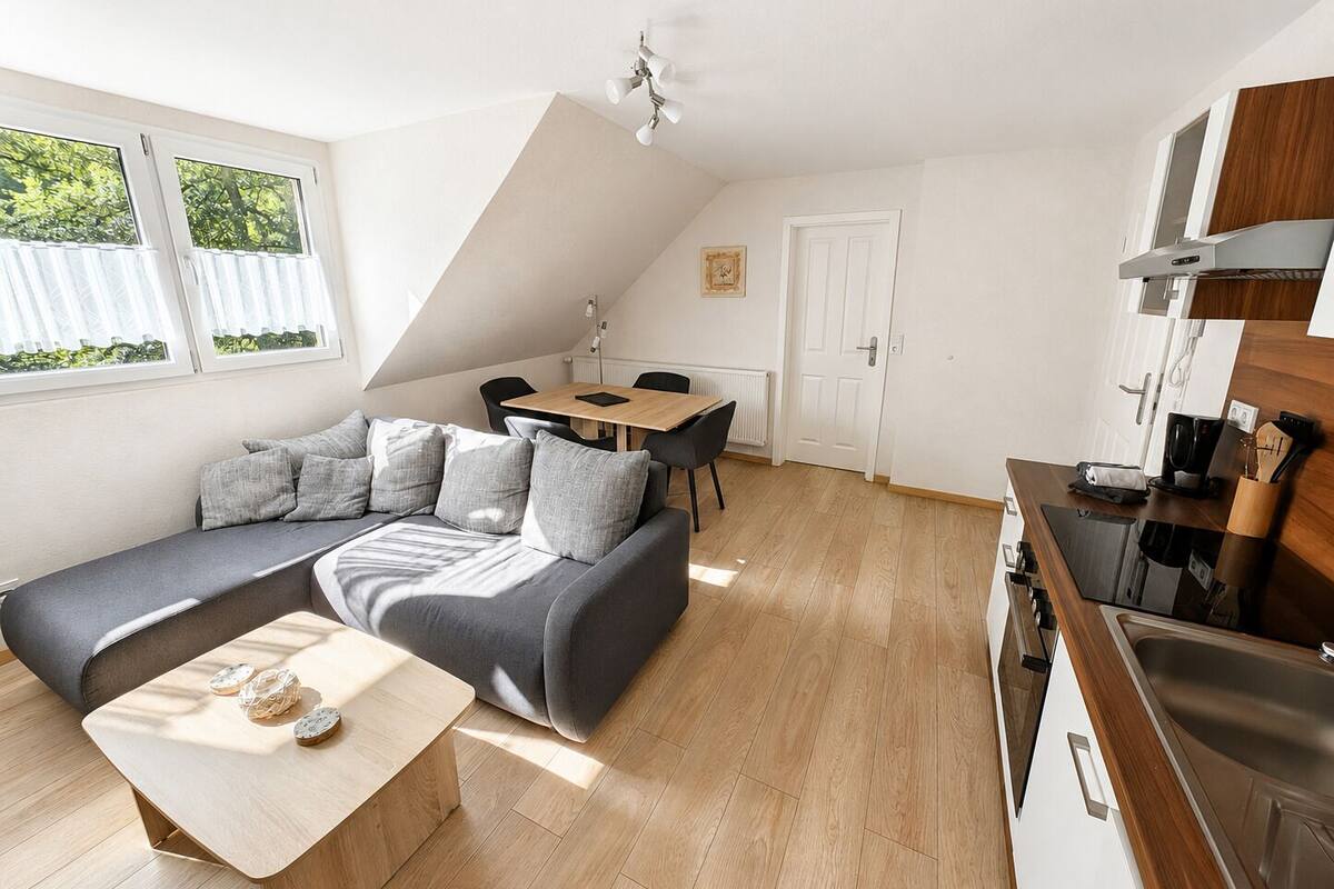 A modern loft apartment with a dining area, kitchenette, and a large gray sofa.