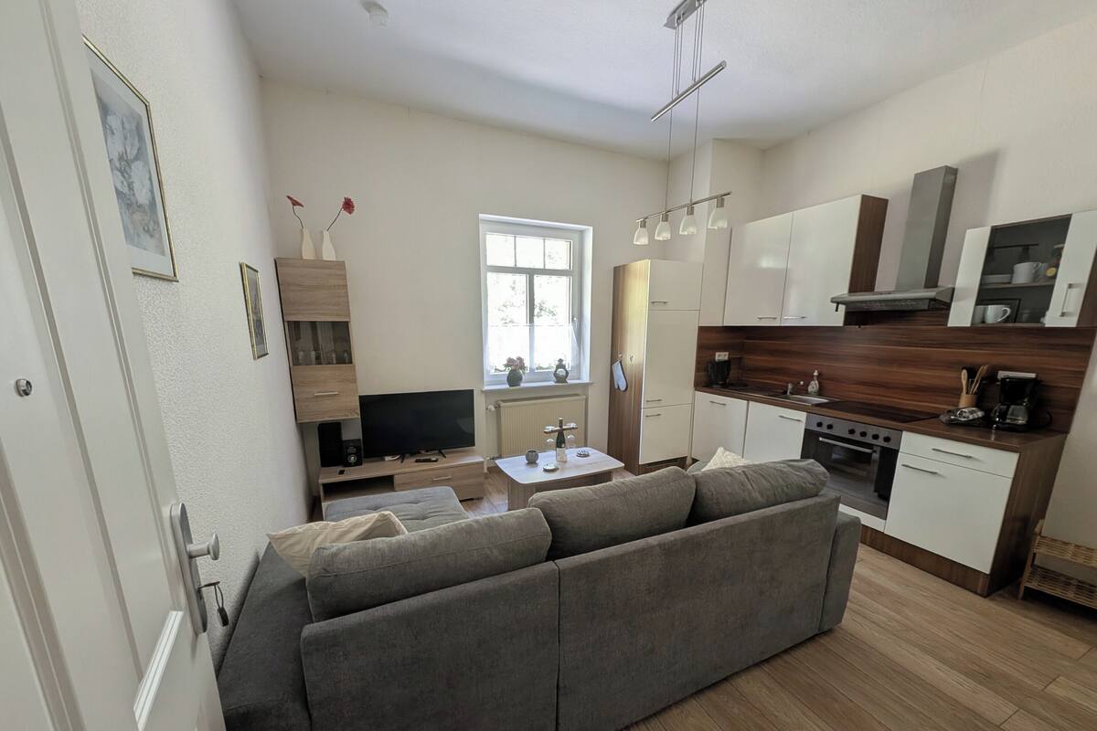 A modern kitchen with a built-in oven, a dining area with a table and chairs, and a living room with a grey sofa.
