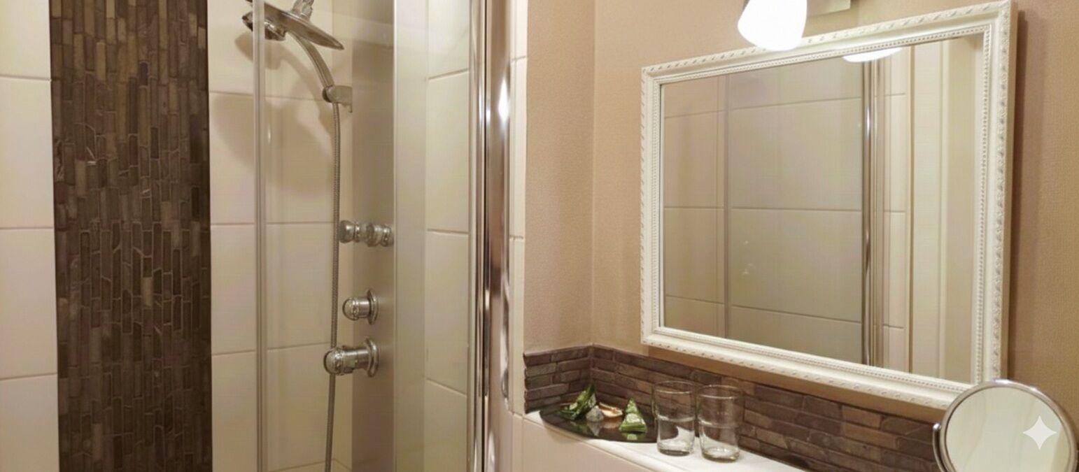 Shower, rainfall showerhead, hair dryer, towels