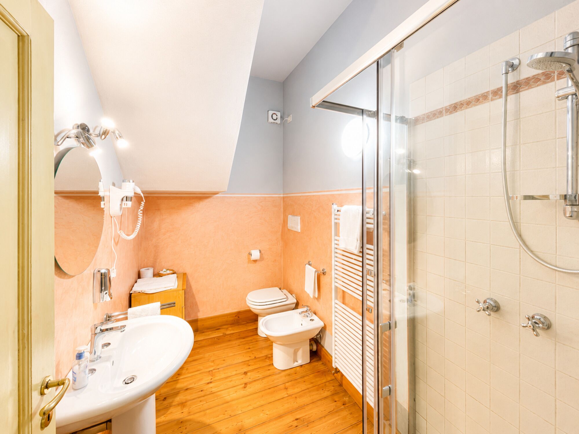 A bathroom with a wooden floor, a sink, a toilet, a shower, and a mirror.