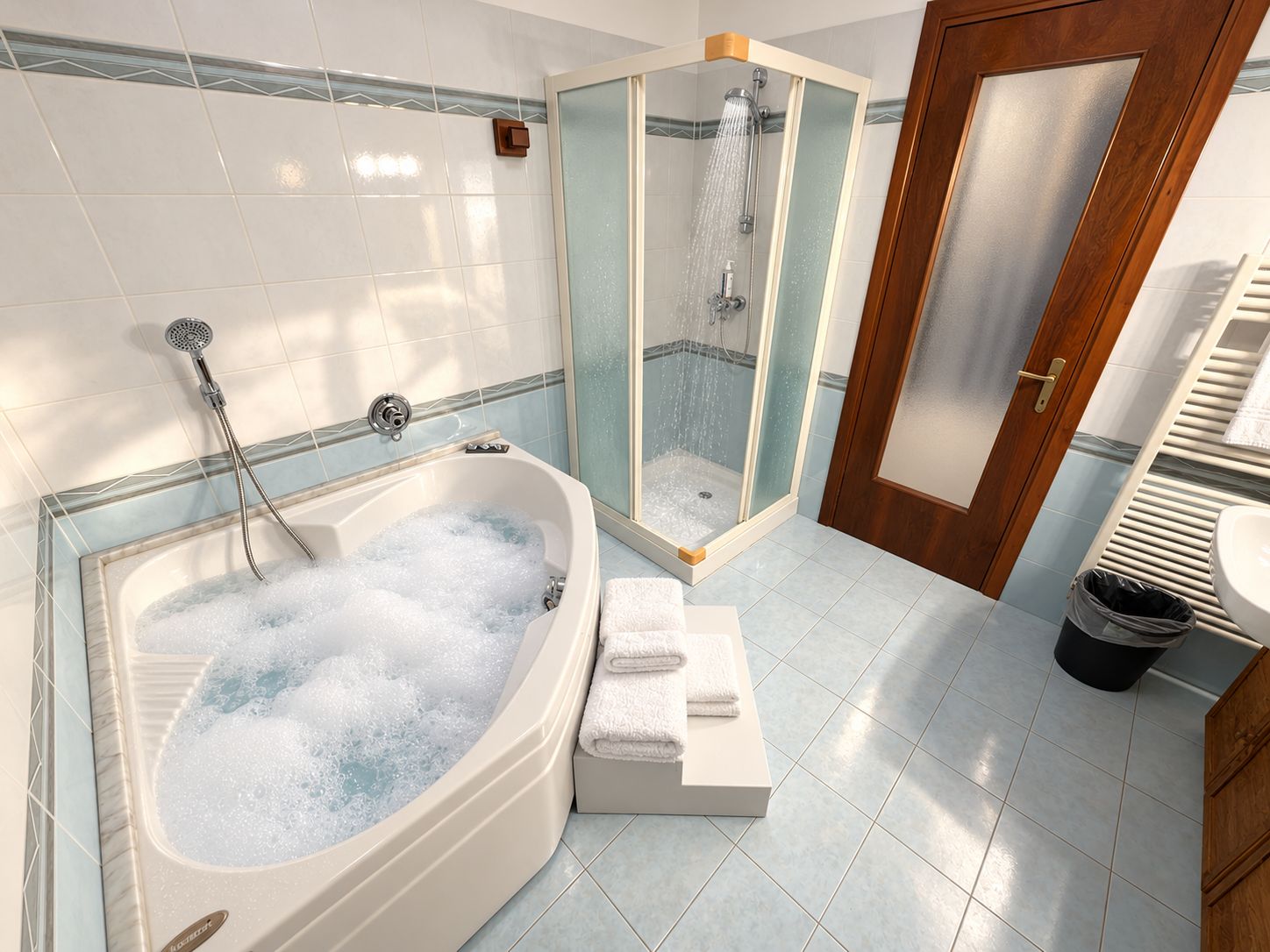 A bathroom with a large bathtub filled with bubbles, a glass-enclosed shower, and a wooden door.