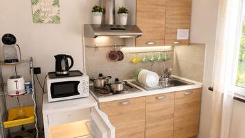 A compact kitchen with a microwave, stove, and sink. There are cabinets, a coffee maker, and a potted plant.