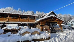 Un chalet en bois doté d’un balcon et d’un toit enneigé, entouré d’arbres chargés de neige.
