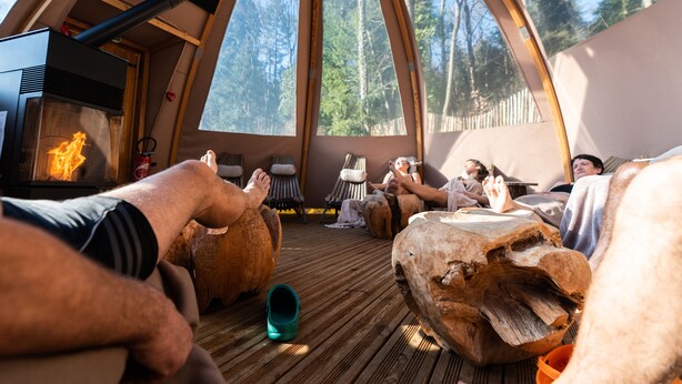 Une tente confortable avec un poêle à bois, de grosses bûches et une vue sur la forêt.