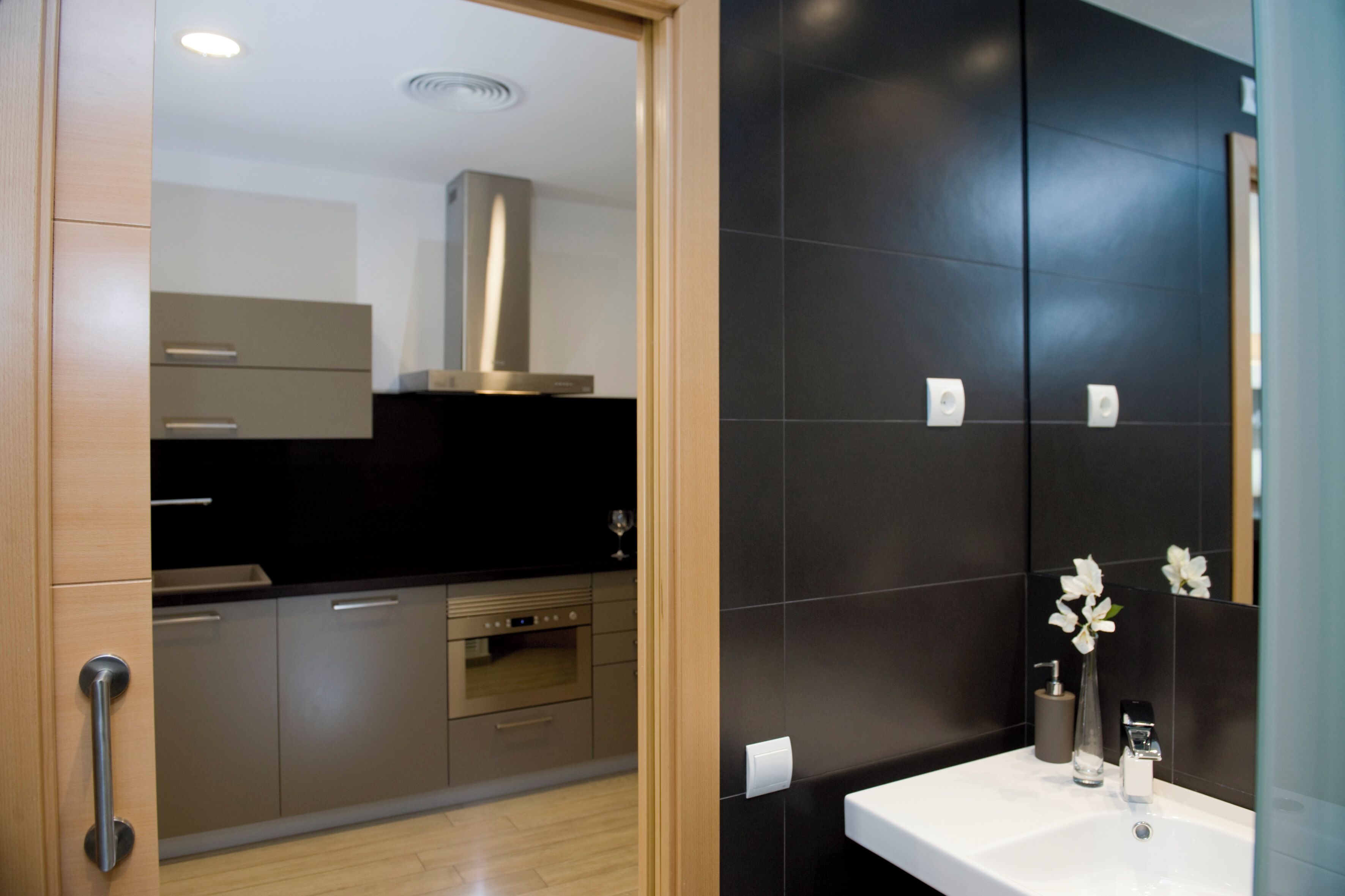 A modern kitchen with stainless steel appliances, a black countertop, and a white sink with a vase of flowers.