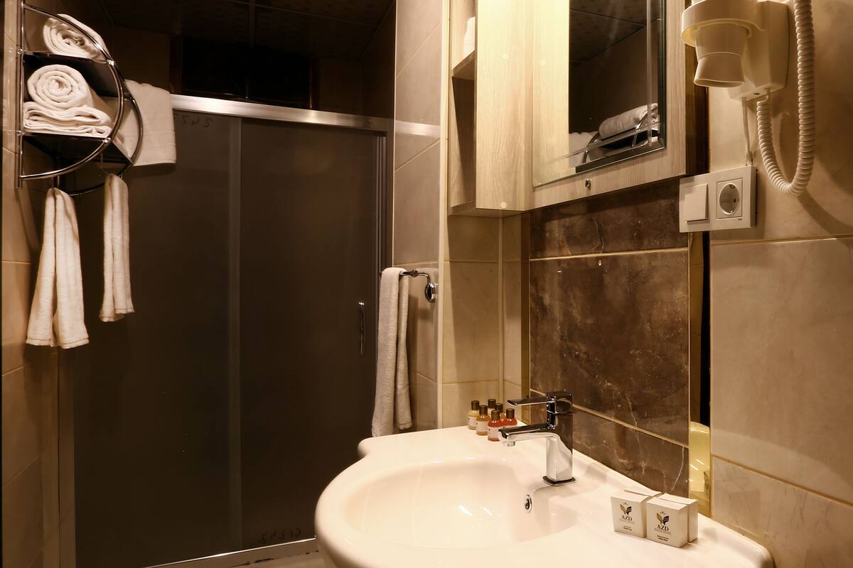 shower, free toiletries, hair dryer, towels