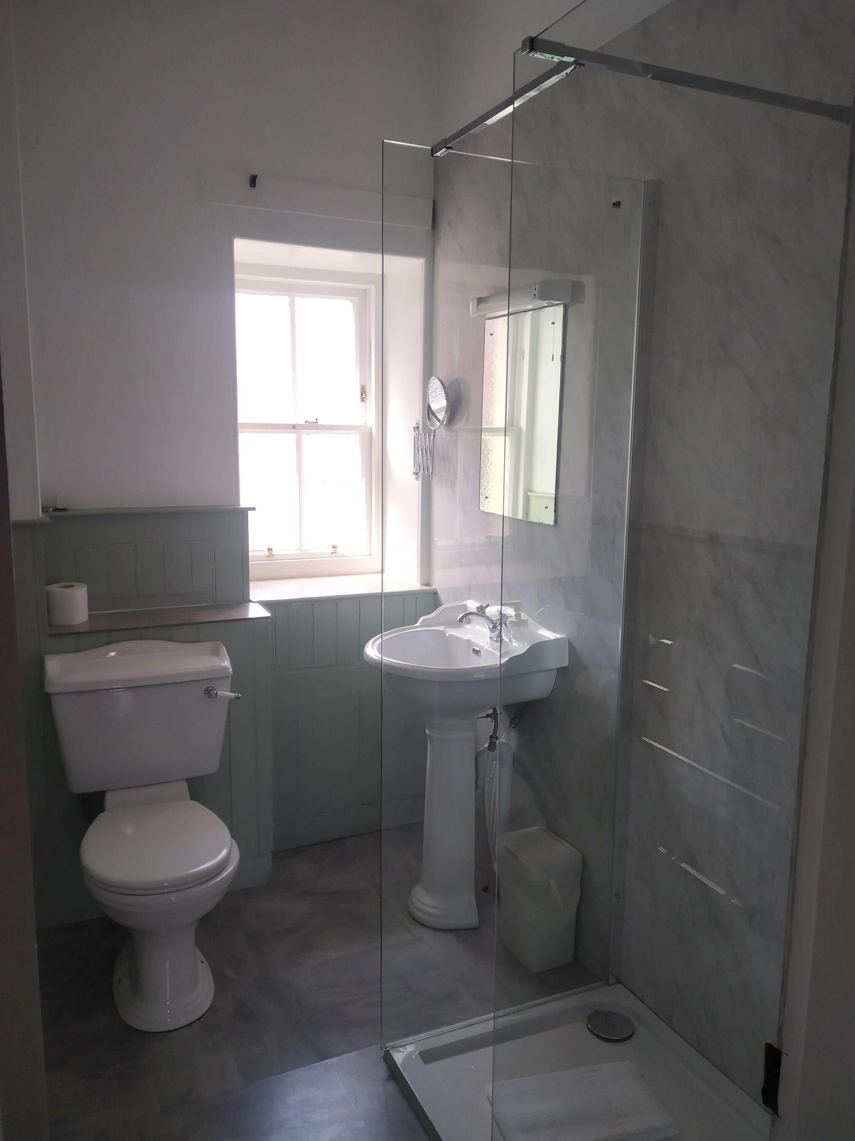 A bathroom with a toilet, sink, and glass-enclosed shower stall.