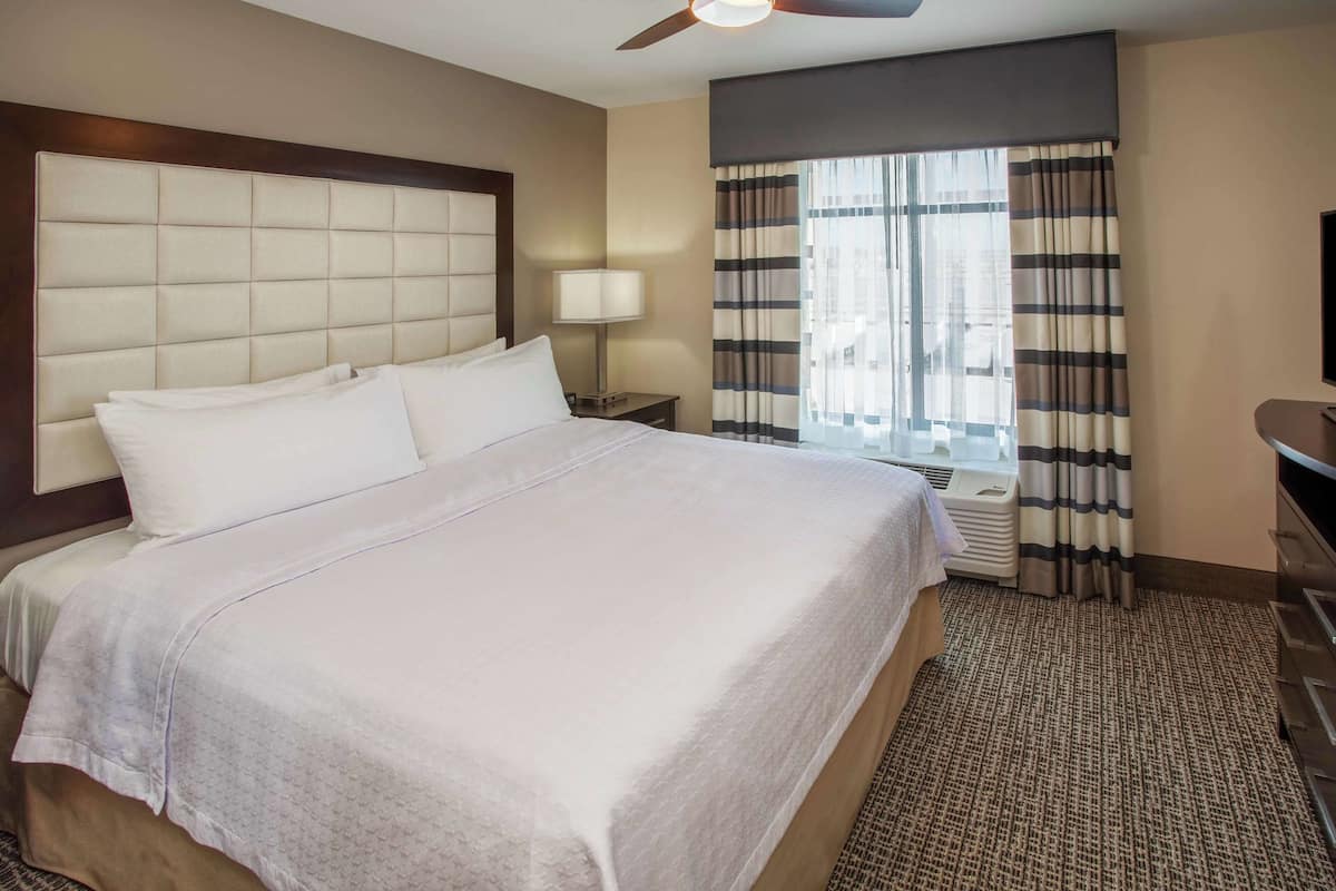 A hotel room with a large bed, a ceiling fan, a window with curtains, a bedside table with a lamp, and a TV on a stand.