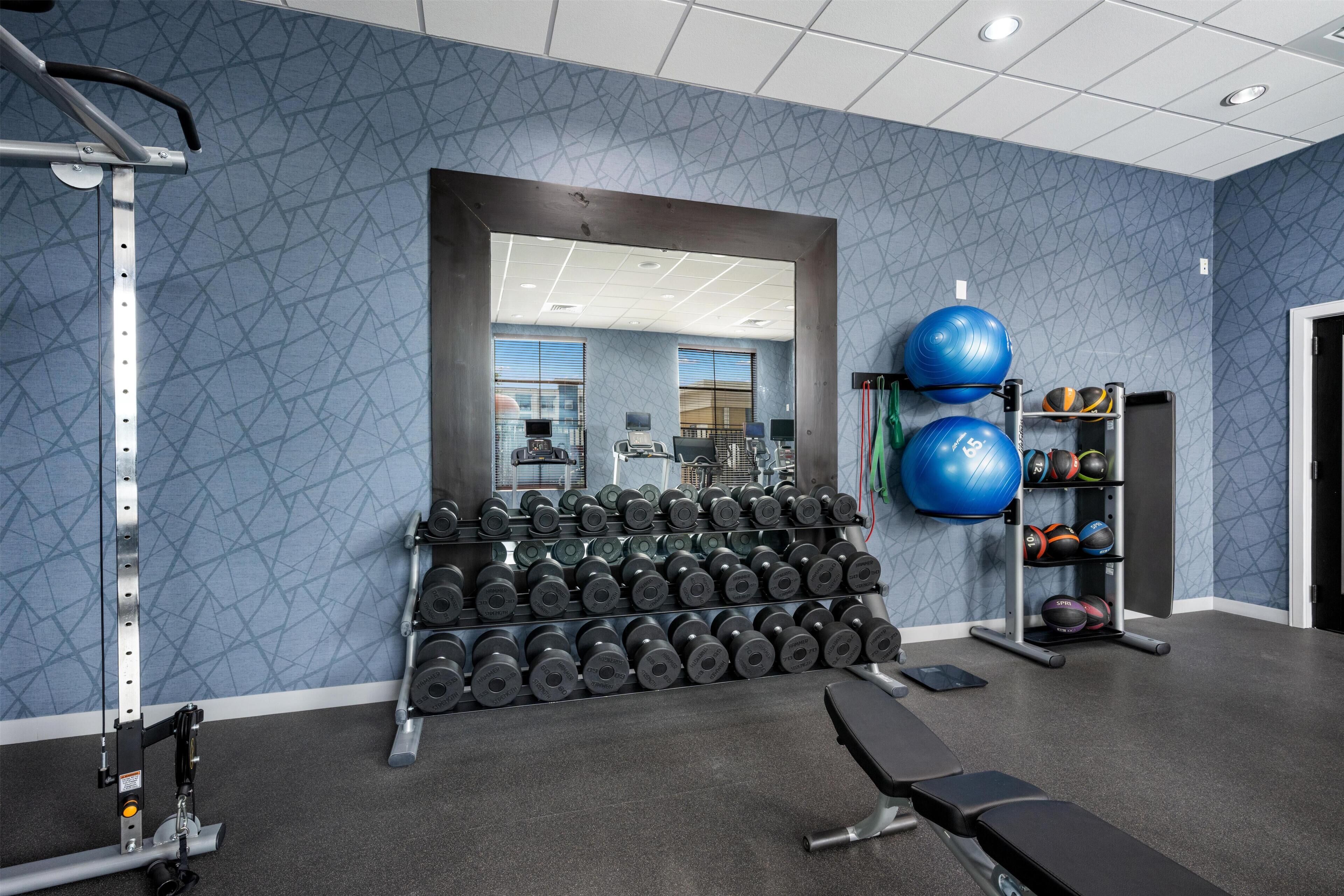 Une salle de sport avec un mur recouvert de miroirs, des supports pour les poids, des ballons d’exercice et un banc.