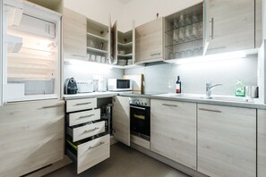 Apartamento premium, 2 quartos (Top 4, incl. cleaning fee) | Cozinha privada | Geladeira, micro-ondas, cooktop, lava-louças