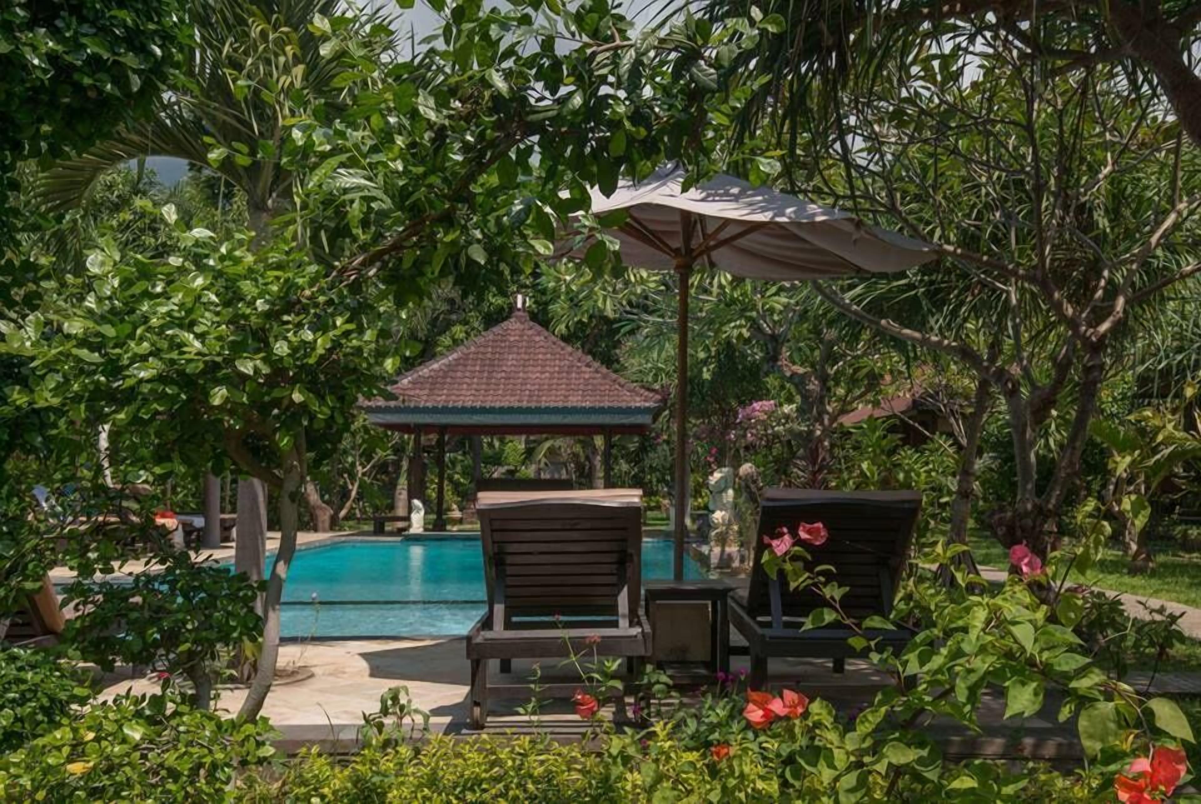 Outdoor pool, pool loungers