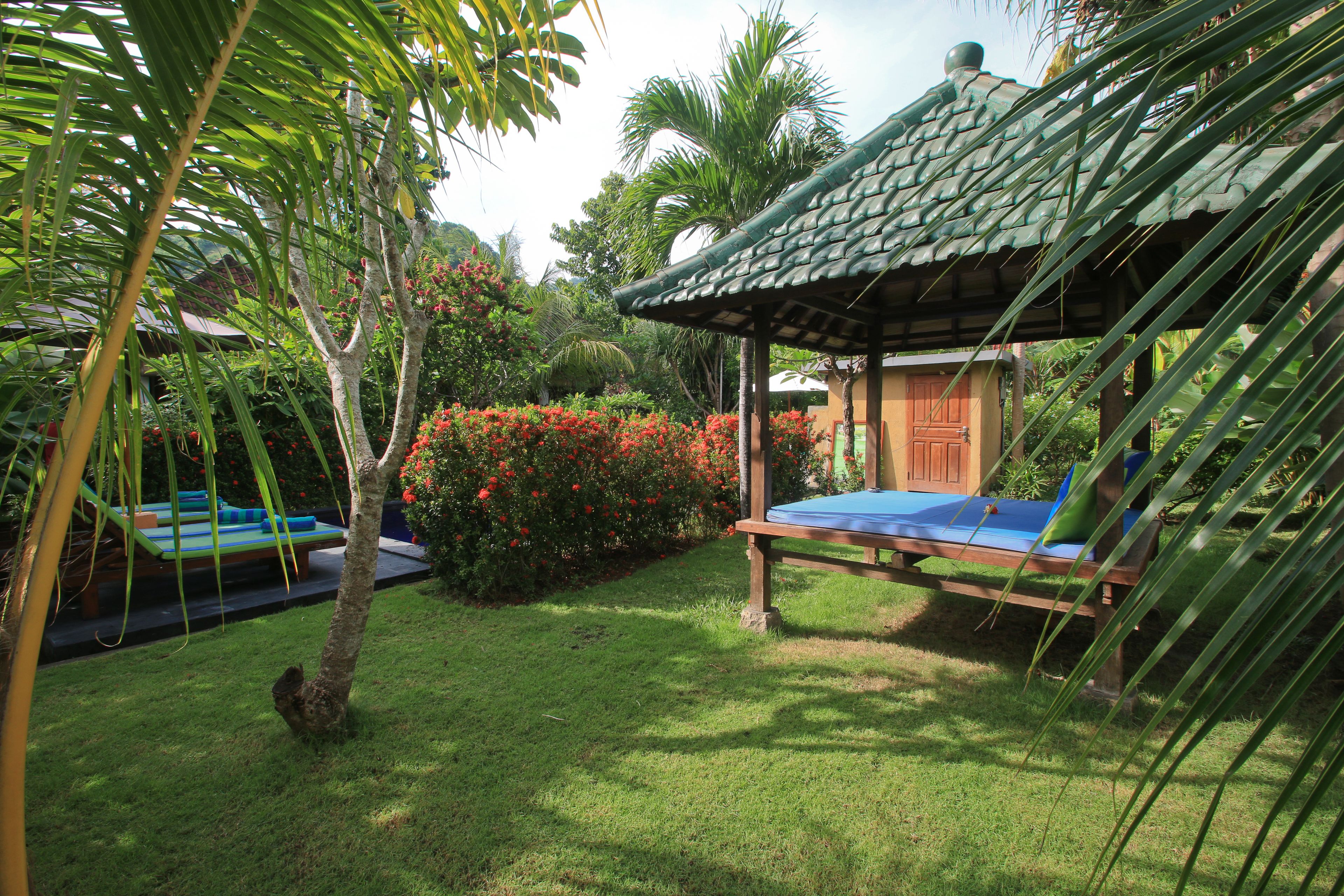 Alberca al aire libre, sombrillas en la alberca y camastros 