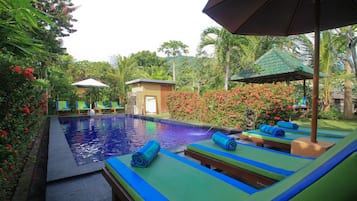 Outdoor pool, pool umbrellas, pool loungers