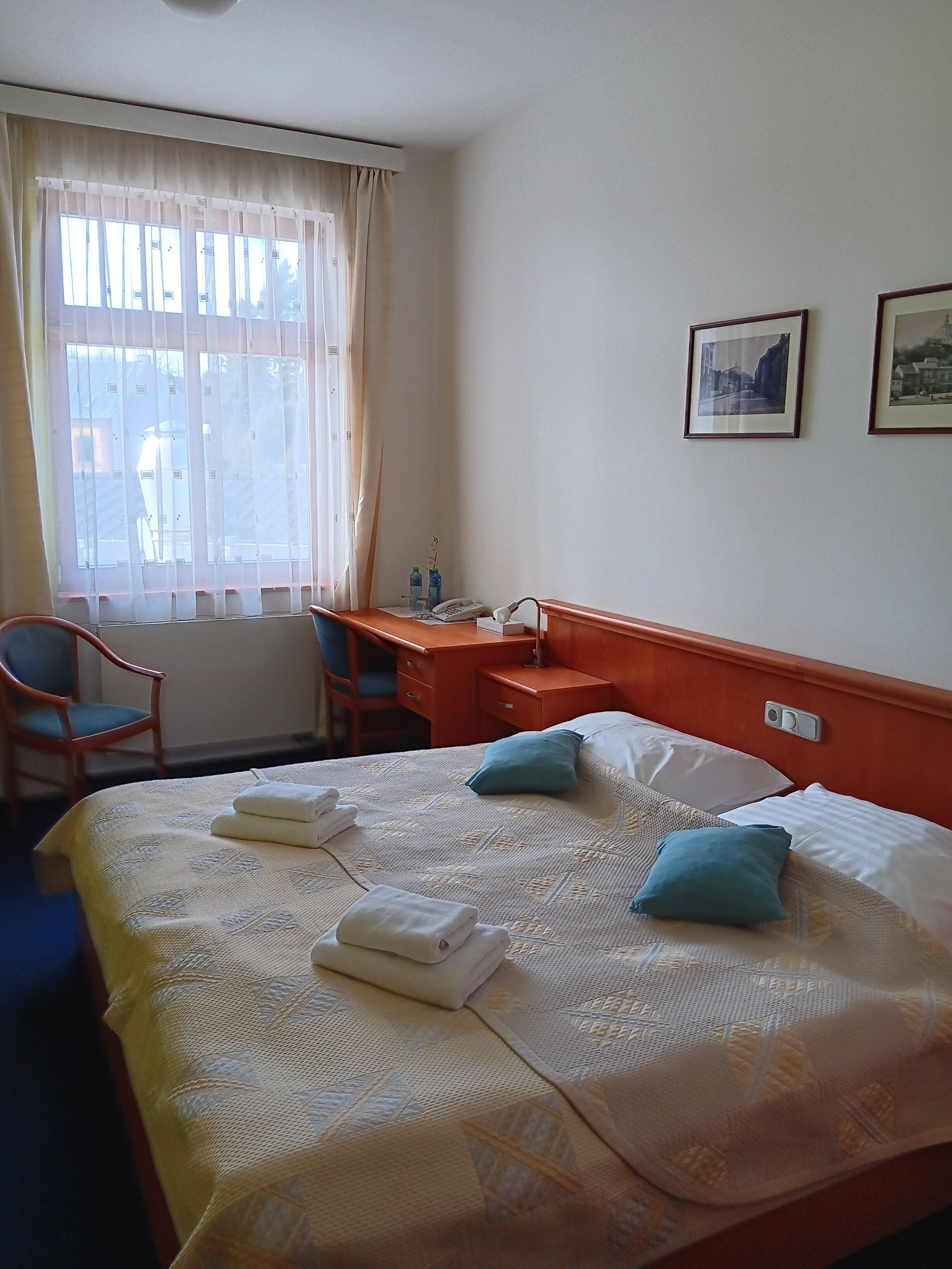 A hotel room with a bed, a desk, a chair, and a window with curtains.