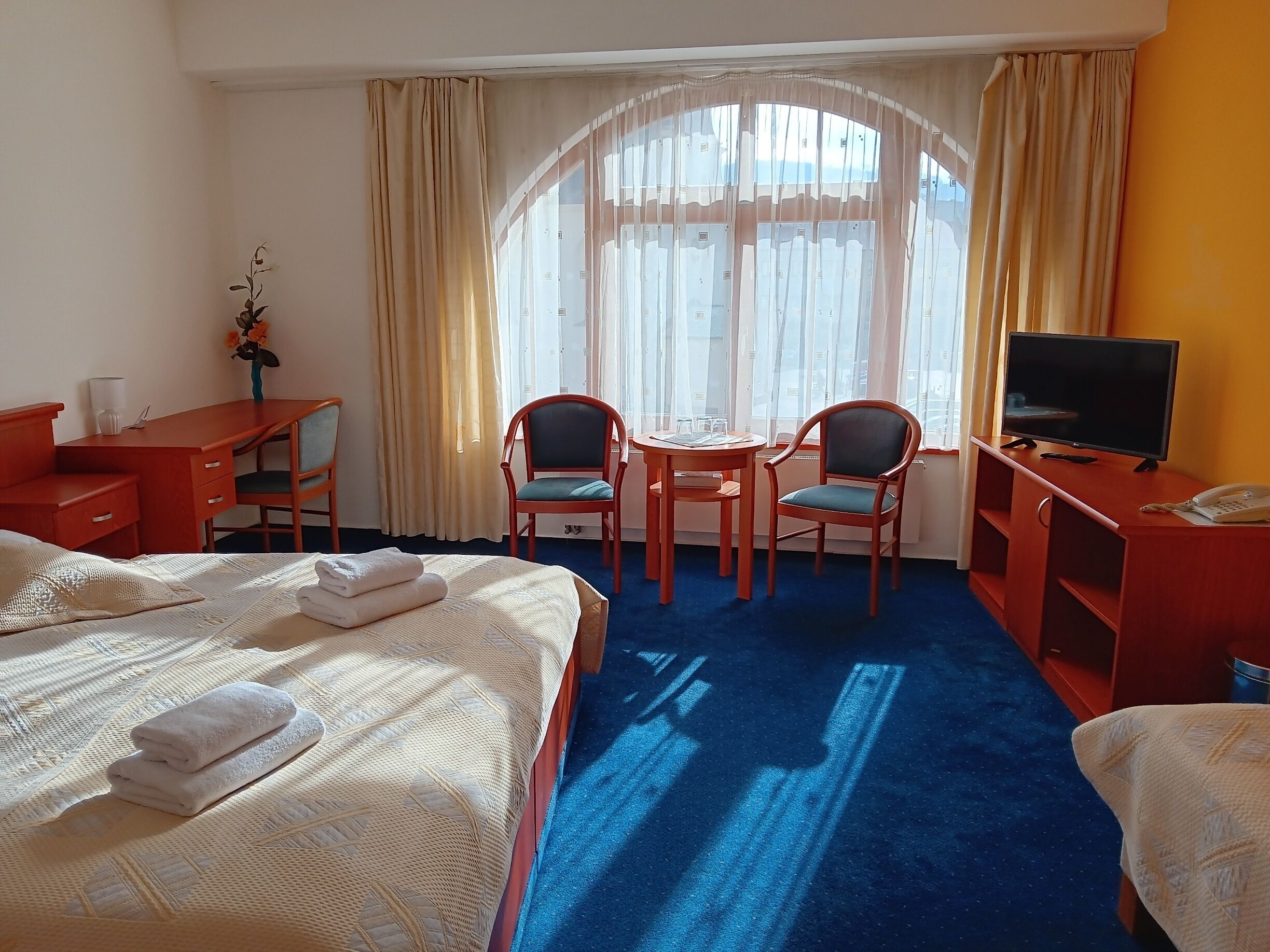 Ein Hotelzimmer mit Bett, Schreibtisch, zwei Stühlen, Fernseher und einem fensterbepflanzten Fenster.