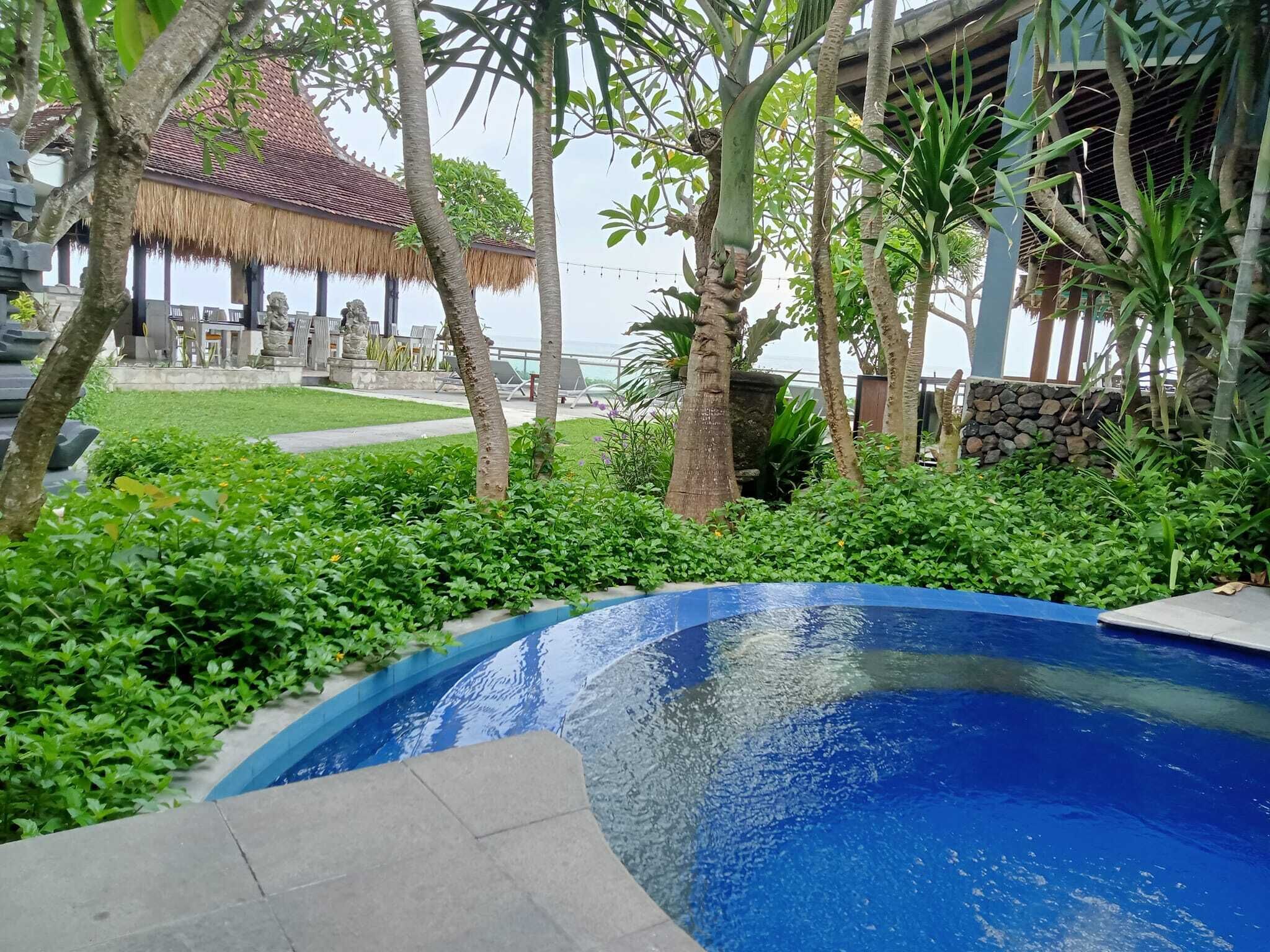 A pool surrounded by lush greenery and a thatched-roof structure.