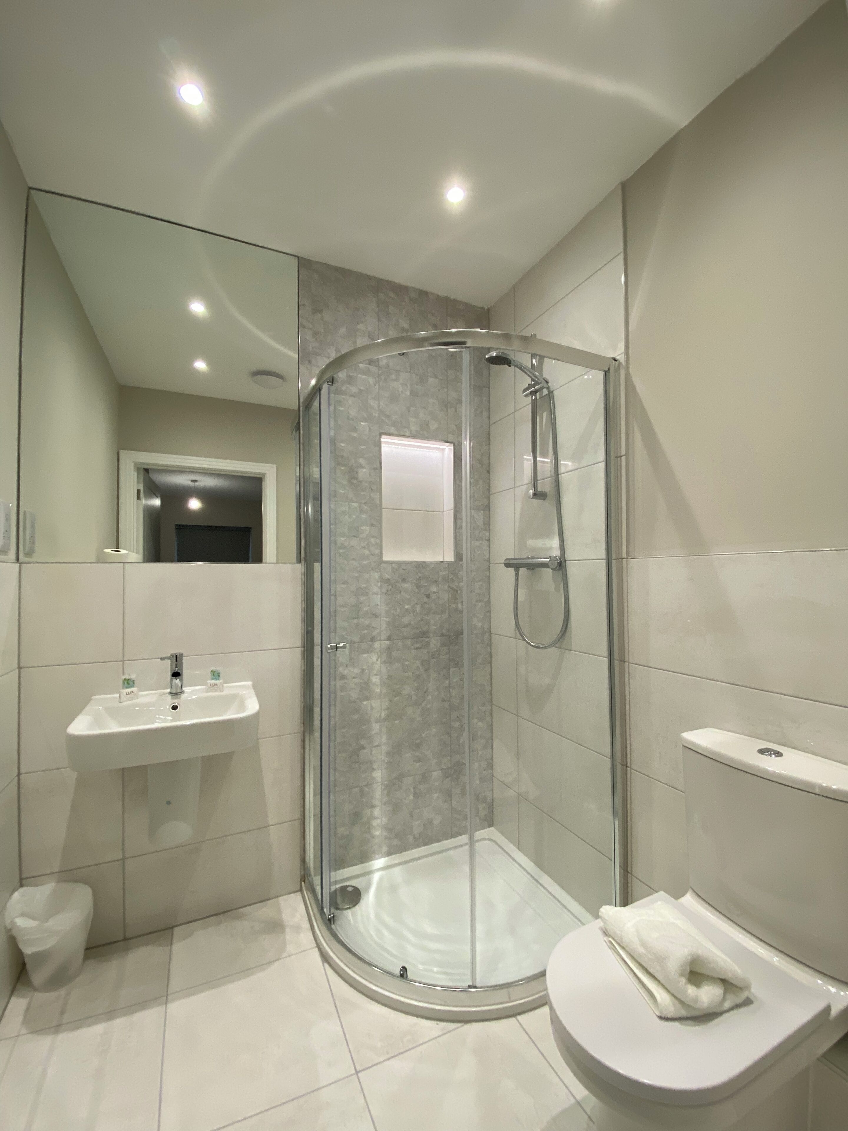 A modern bathroom with a glass-enclosed shower, a sink, and a toilet.
