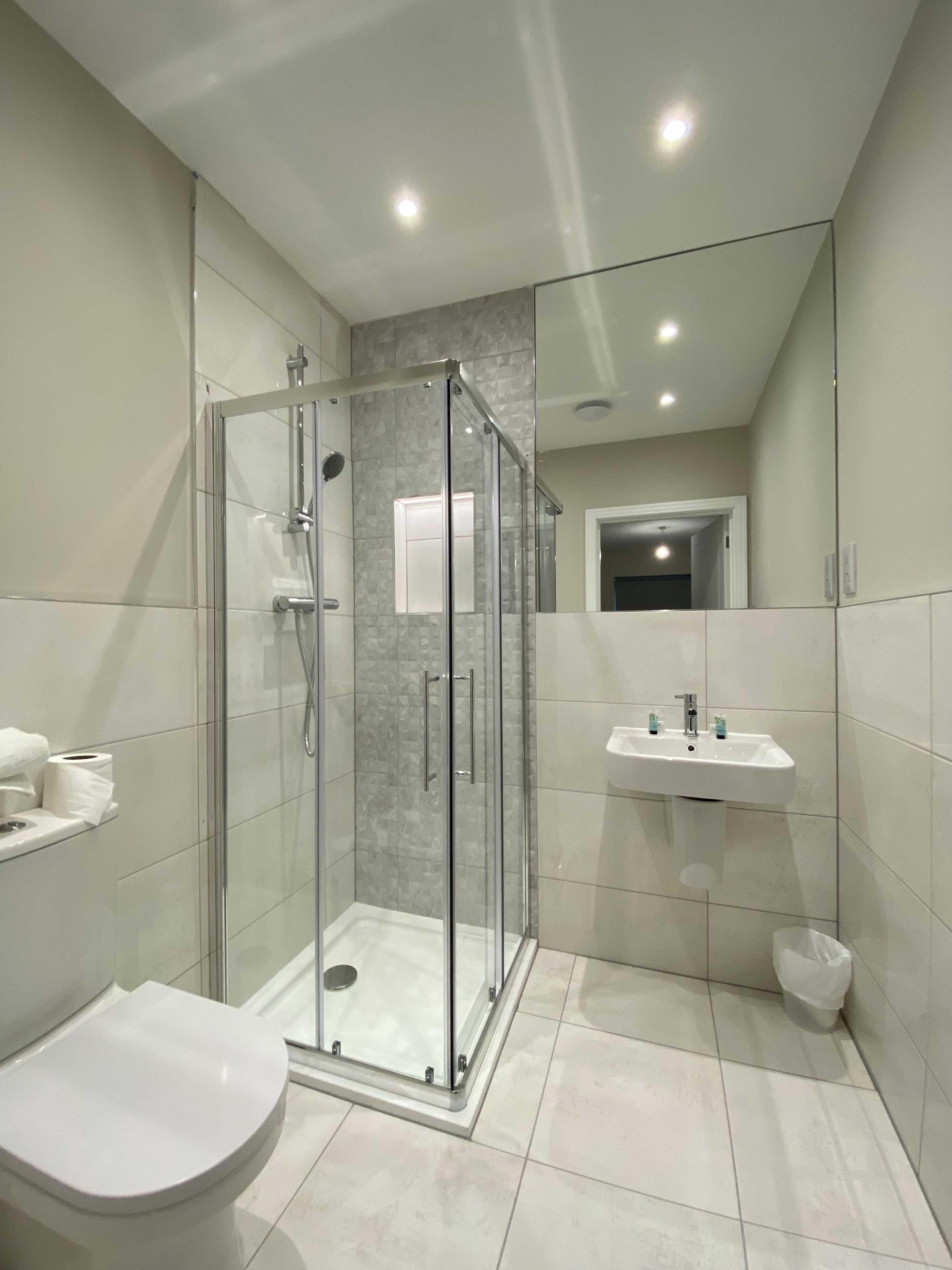 A modern bathroom with a glass-enclosed shower, a white sink, and a toilet.