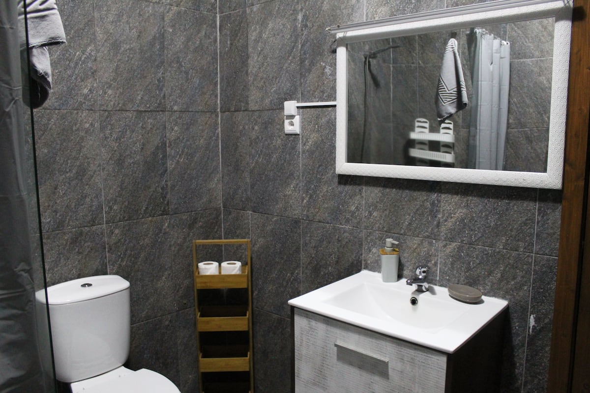 A bathroom with a toilet, a sink, a mirror, and a towel rack.