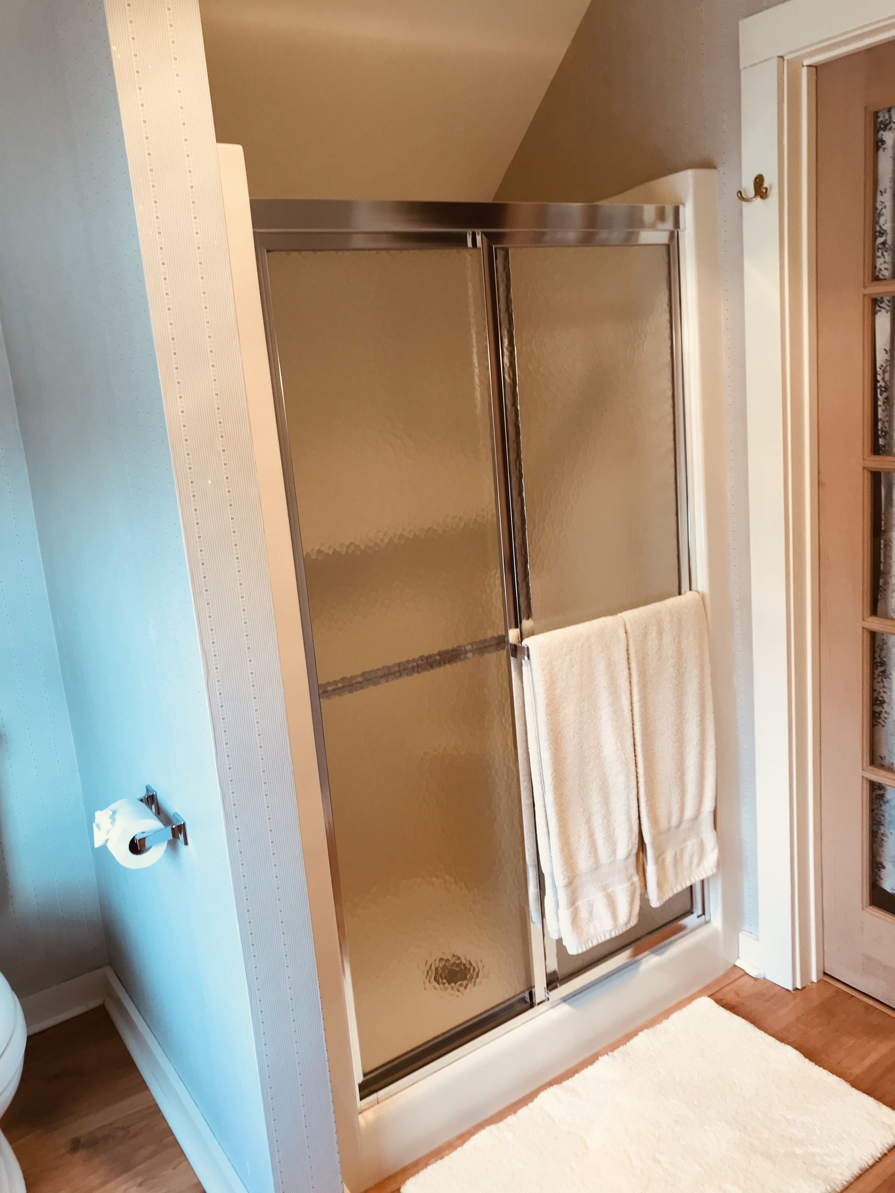 A bathroom with a glass shower enclosure, a toilet, and a white towel hanging on the shower door.