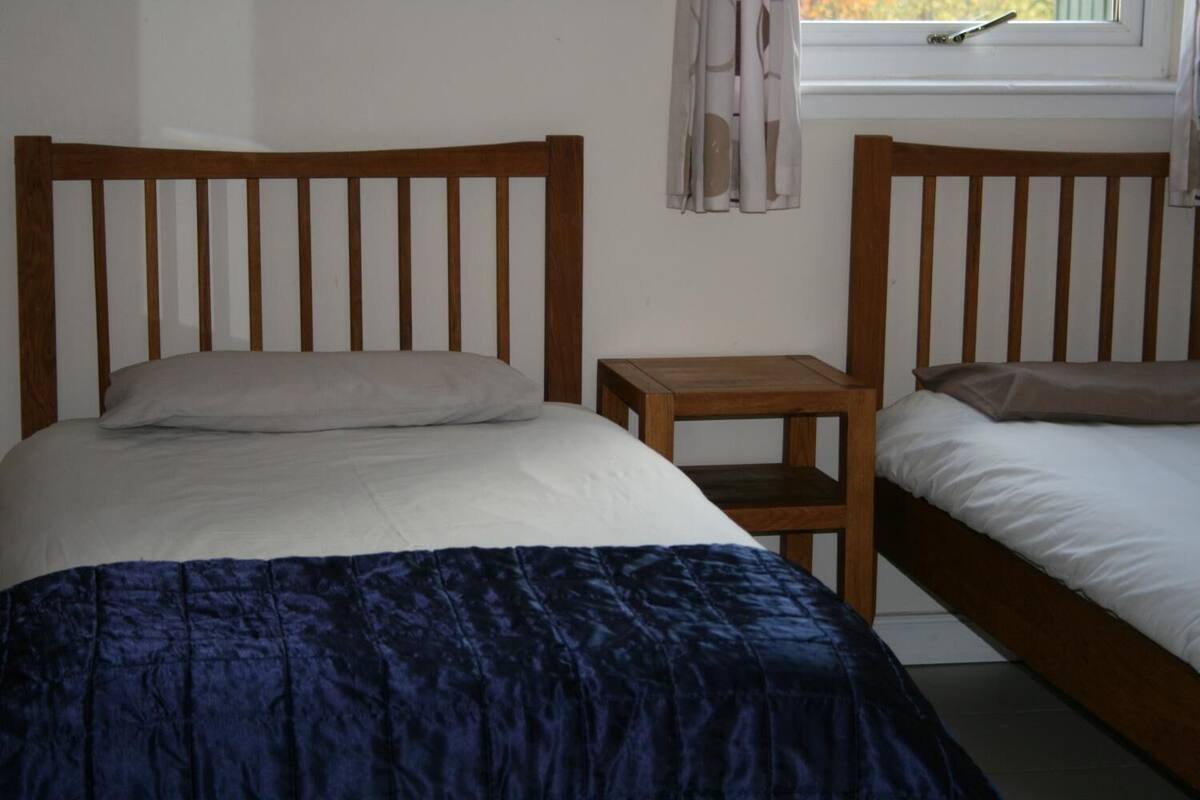 A bedroom with two single beds, a wooden headboard, a small bedside table, and a window with curtains.