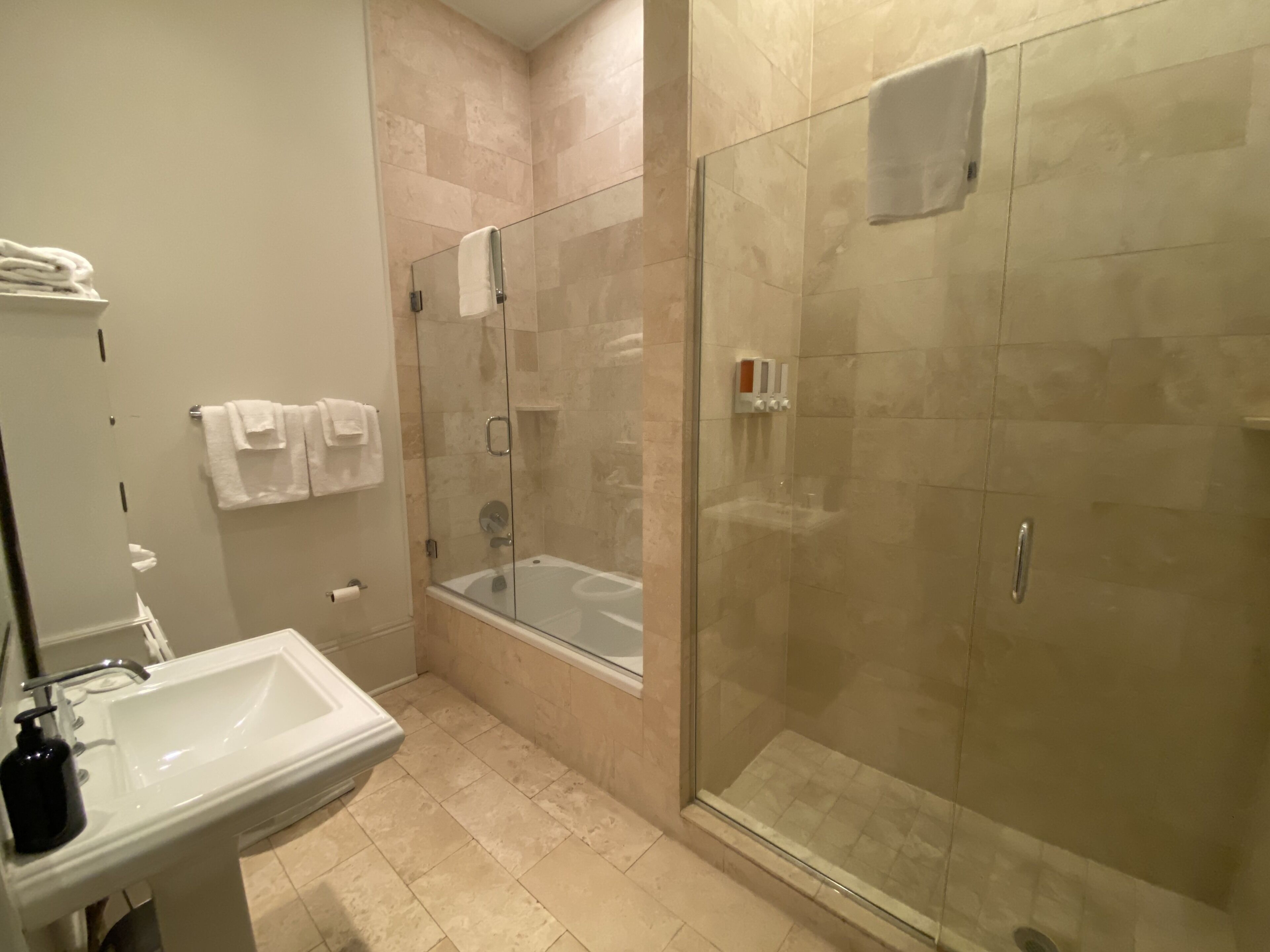 basic double room | bathroom | shower, rainfall showerhead, towels