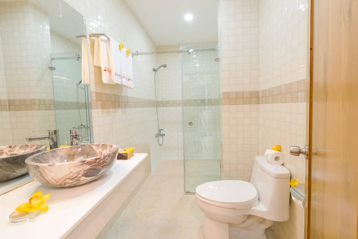 free toiletries, hair dryer, slippers, towels