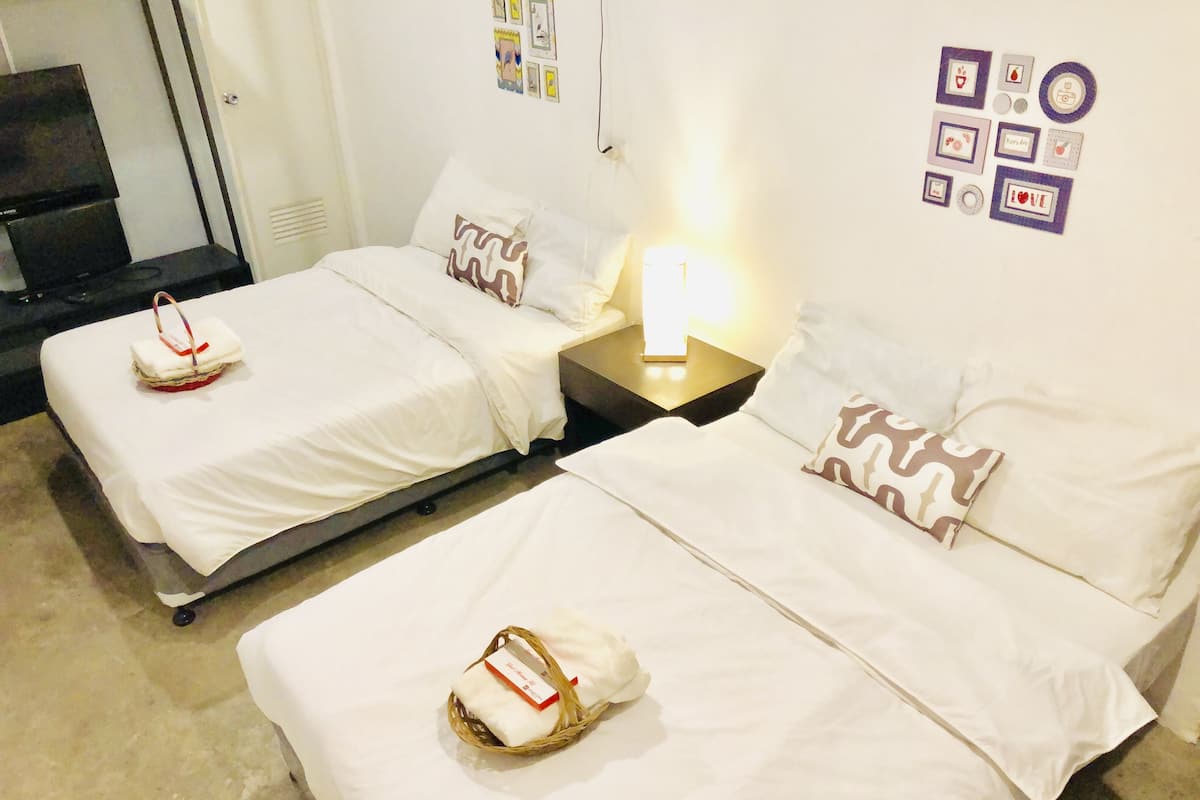 Two single beds with white bedding and patterned pillows, a bedside table with a lamp, and a television on a stand.