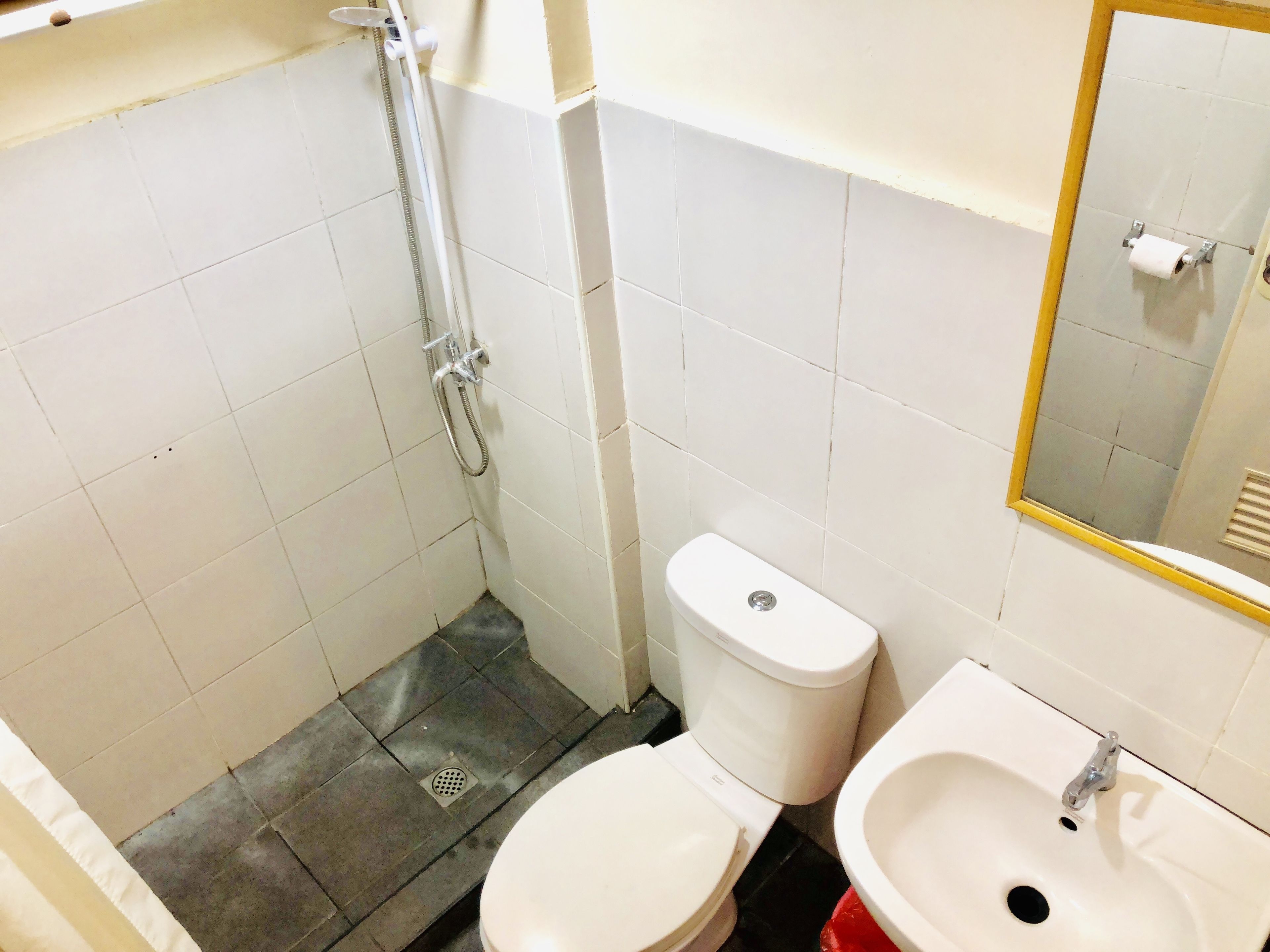 Un baño pequeño con inodoro, lavamanos y ducha.