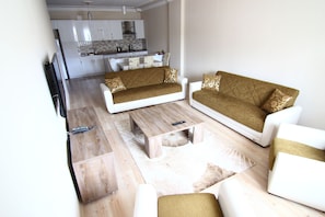 A living room with two sofas, a coffee table, and a TV.