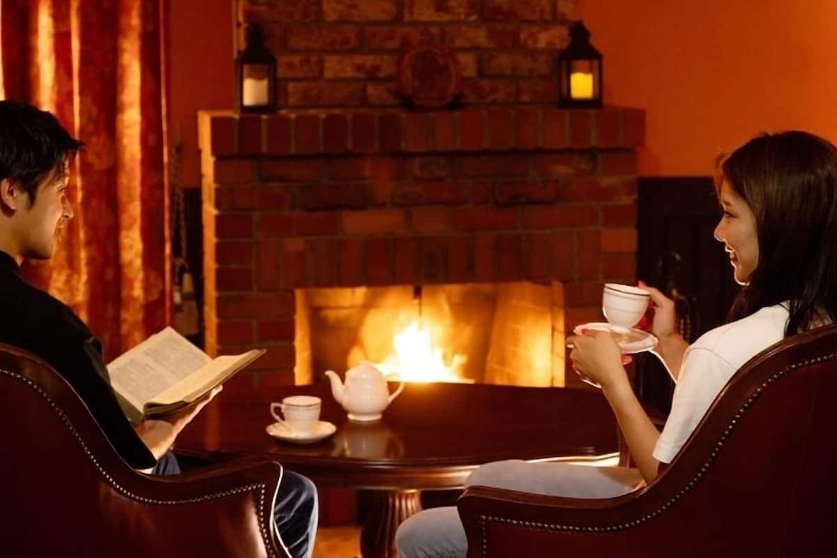 A couple seated by a fireplace with a book and teacup, in a room with leather chairs and a brick wall.