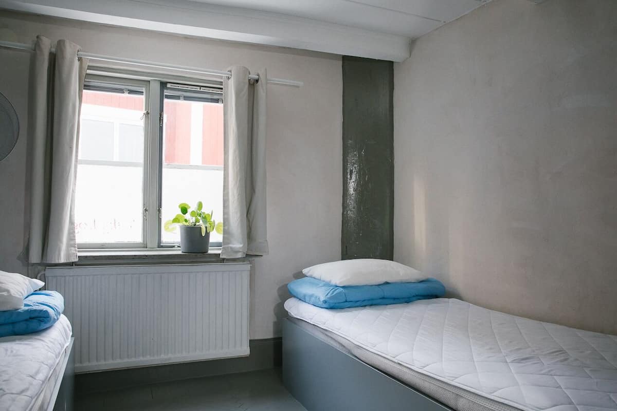 Een kleine eenpersoonskamer met raam, radiator en een potplant.