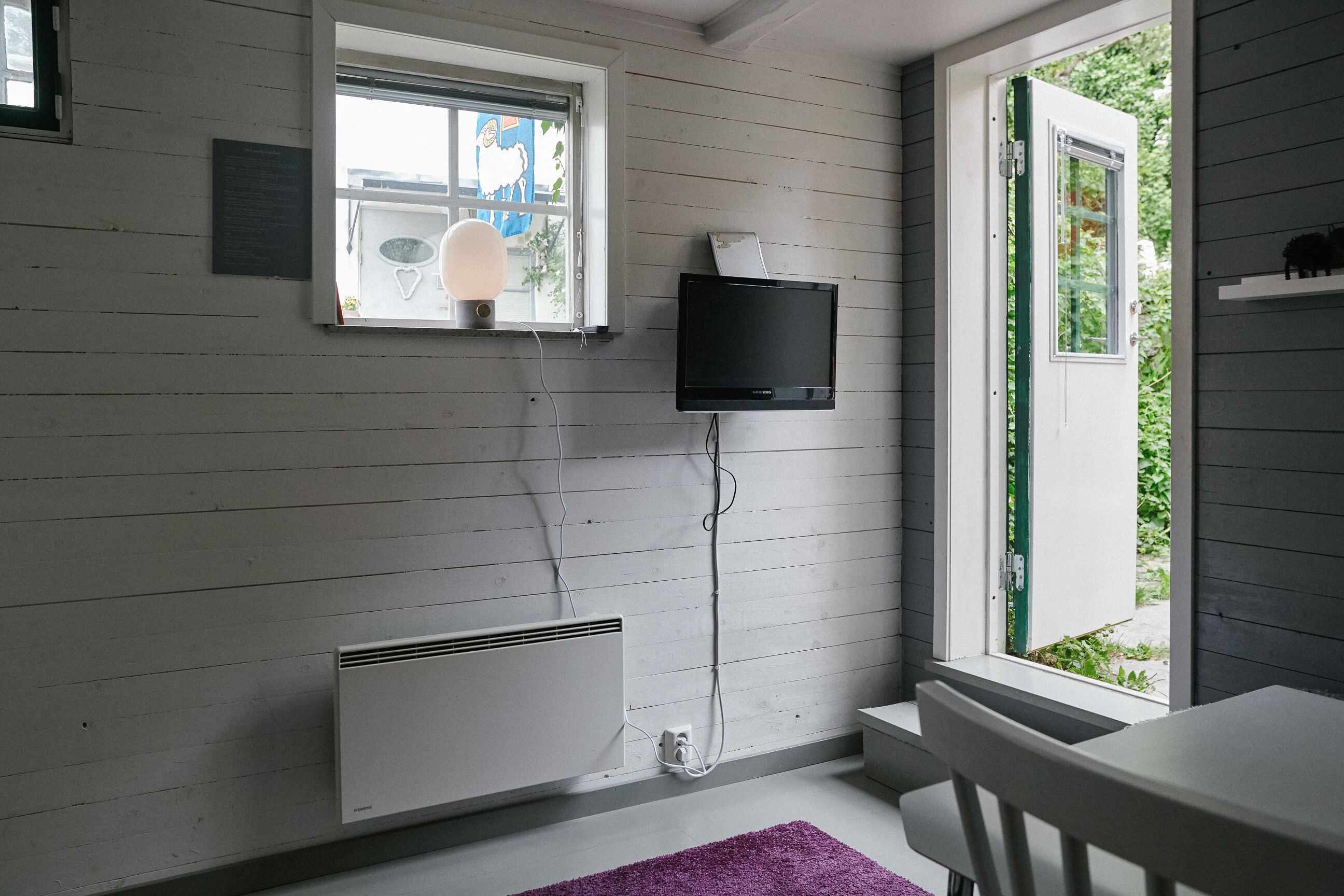 Una habitación con un radiador blanco, un televisor negro montado en la pared, una ventana con vistas a zonas verdes y una alfombra morada en el suelo.