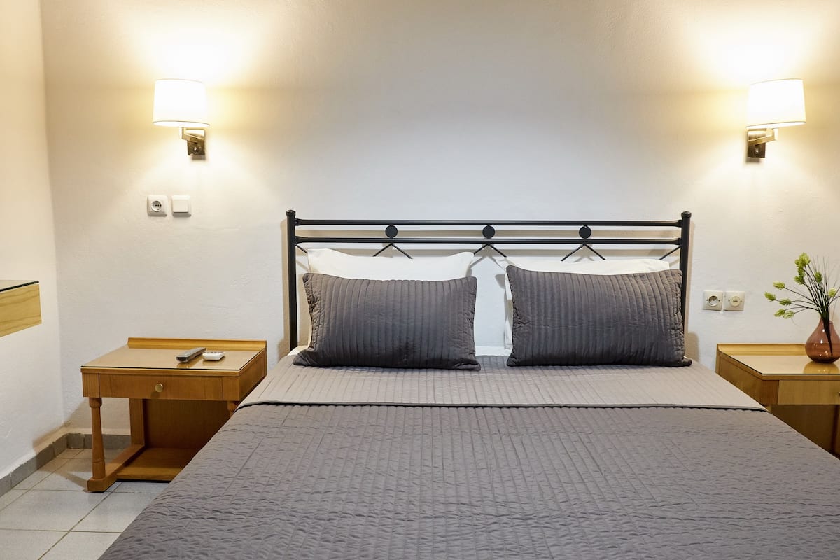 Een net opgemaakt bed met een grijze deken, twee nachtkastjes met lampen, en een plantje aan de rechterkant.