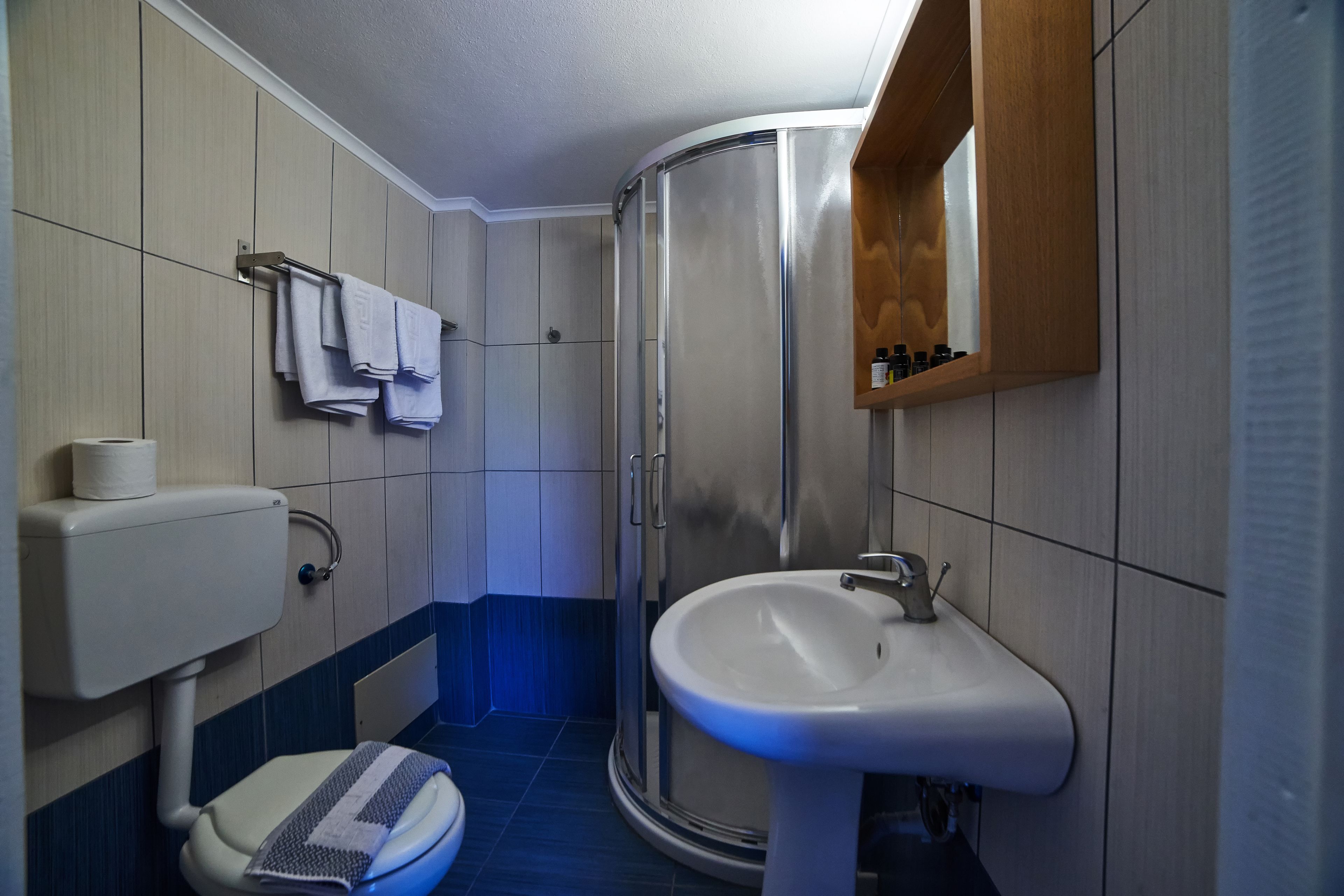A bathroom with a toilet, sink, and shower.