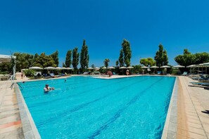 Outdoor pool, pool umbrellas, pool loungers