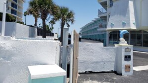 A beachfront hotel with white buildings, palm trees, and a dolphin statue. - The Seascape Inn (Daytona Beach Shores)