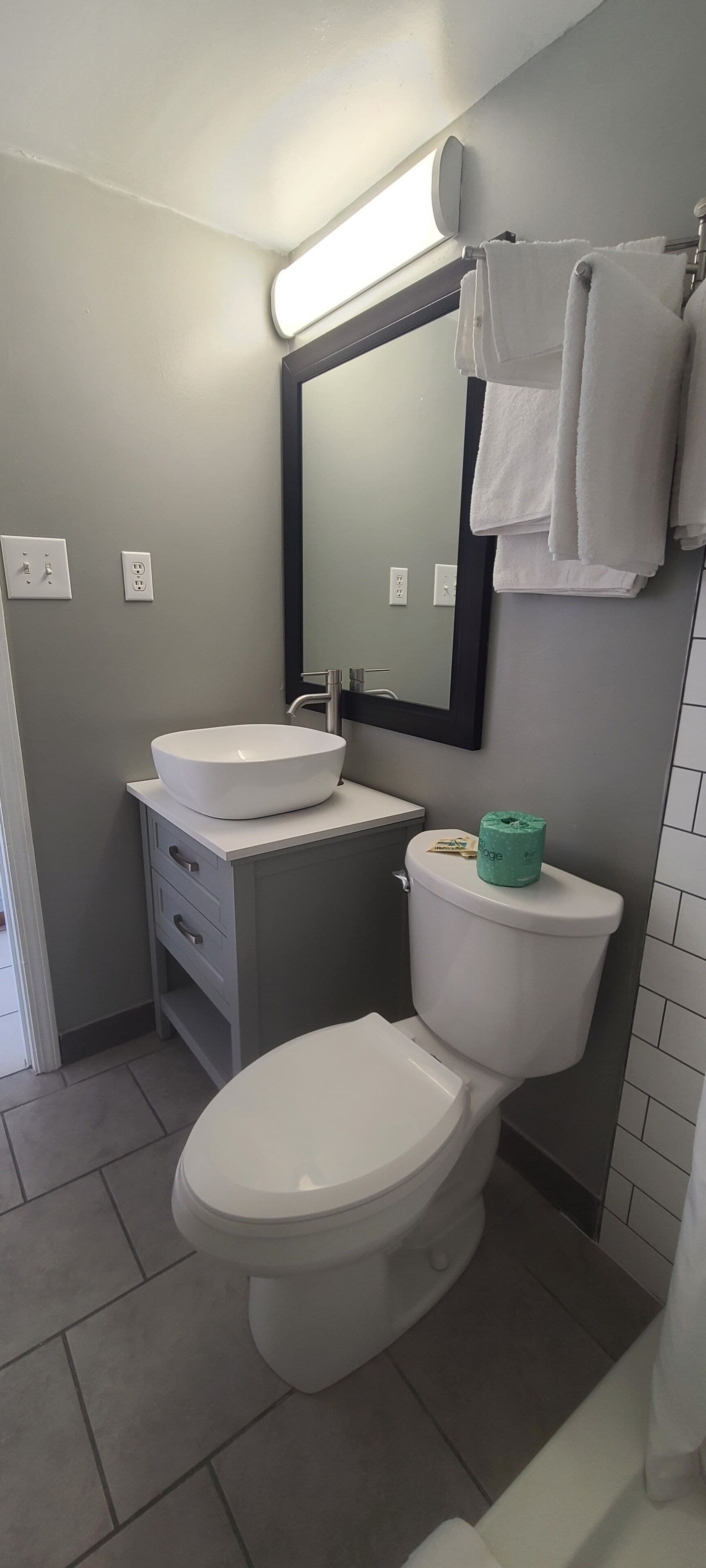 Ein Badezimmer mit Toilette, Waschbecken und Spiegel. Handtücher hängen an einem Wäscheständer und ein grüner Toilettenpapierhalter ist vorhanden.