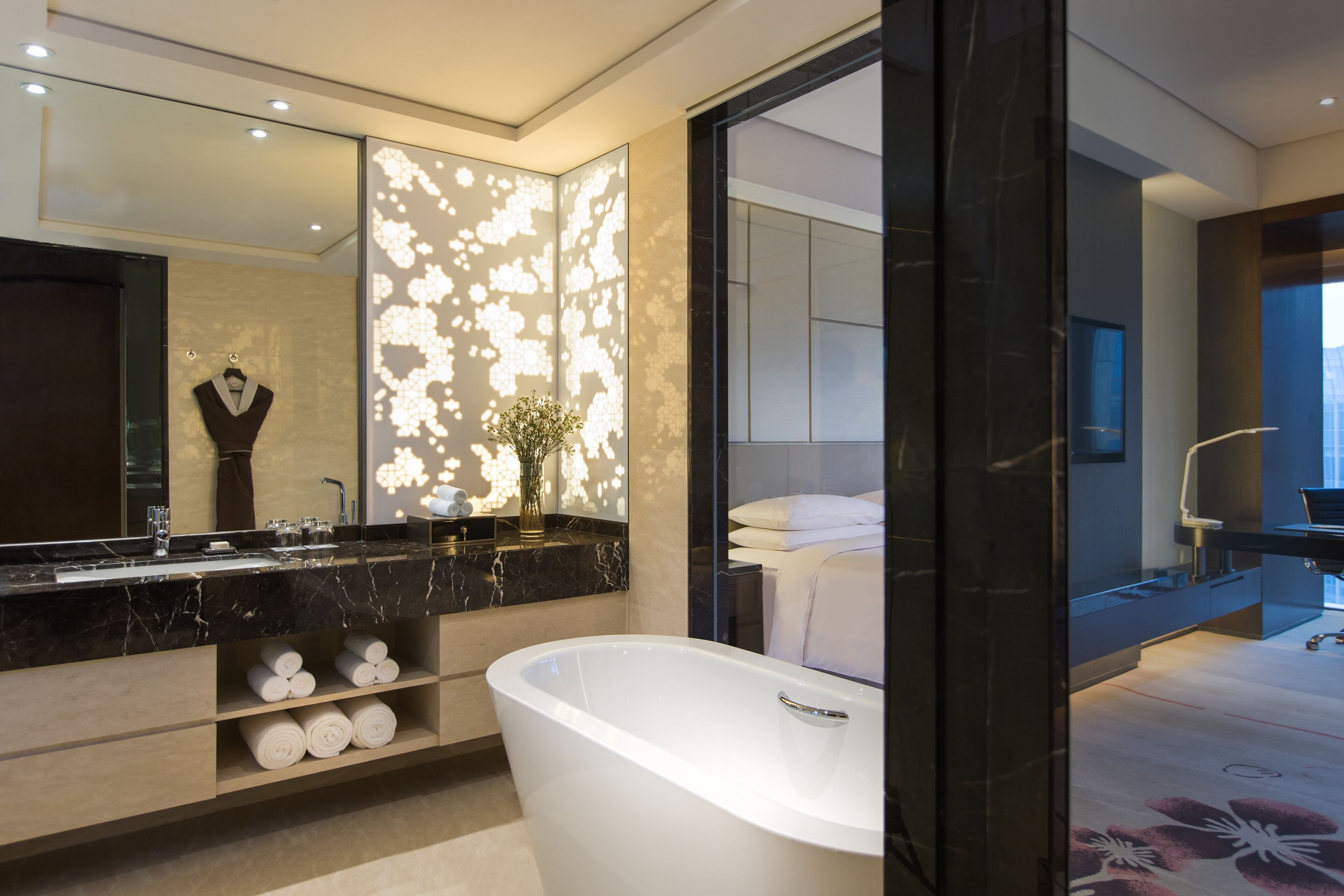 separate bathtub and shower, deep-soaking bathtub, rainfall showerhead