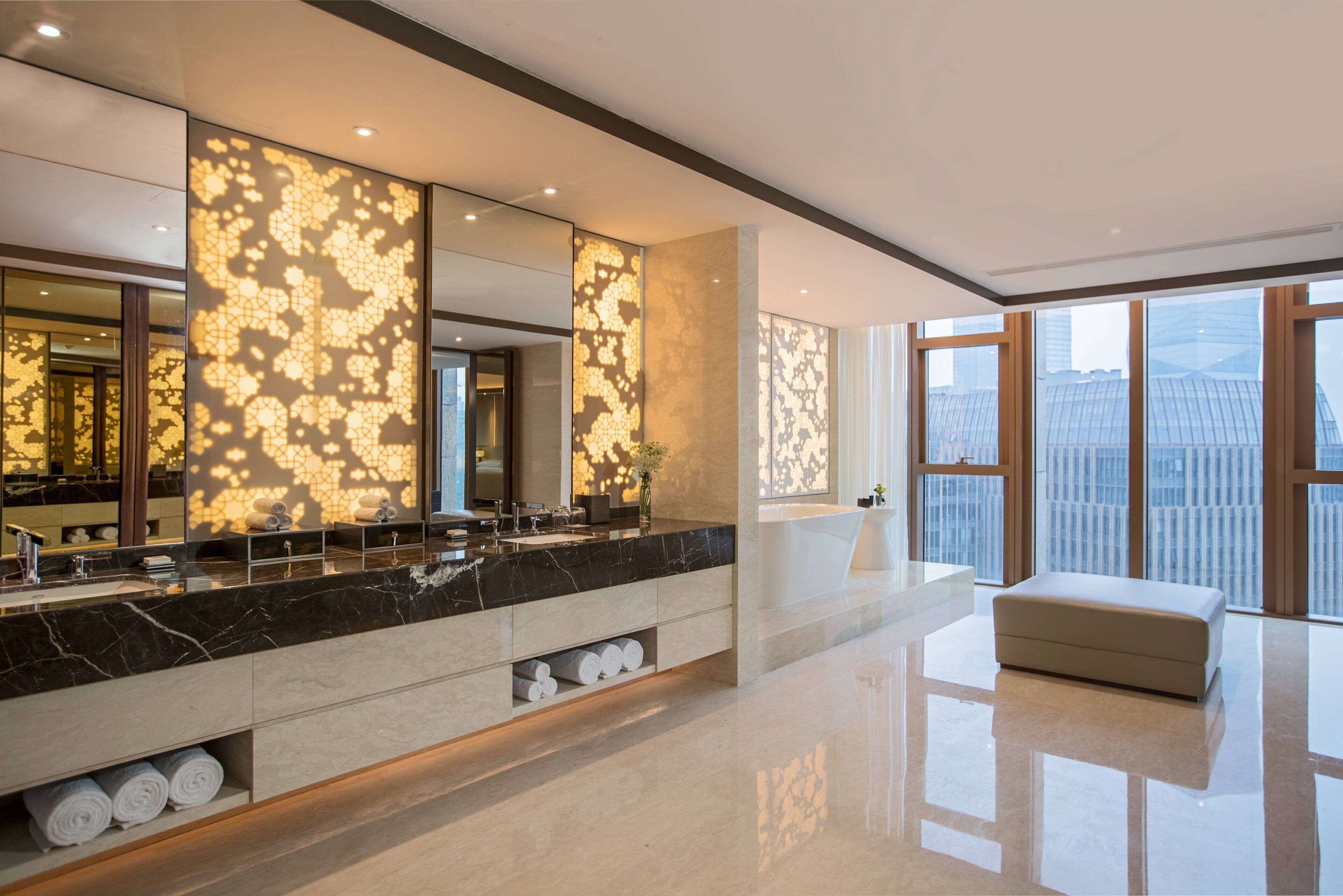 separate bathtub and shower, deep-soaking bathtub, rainfall showerhead