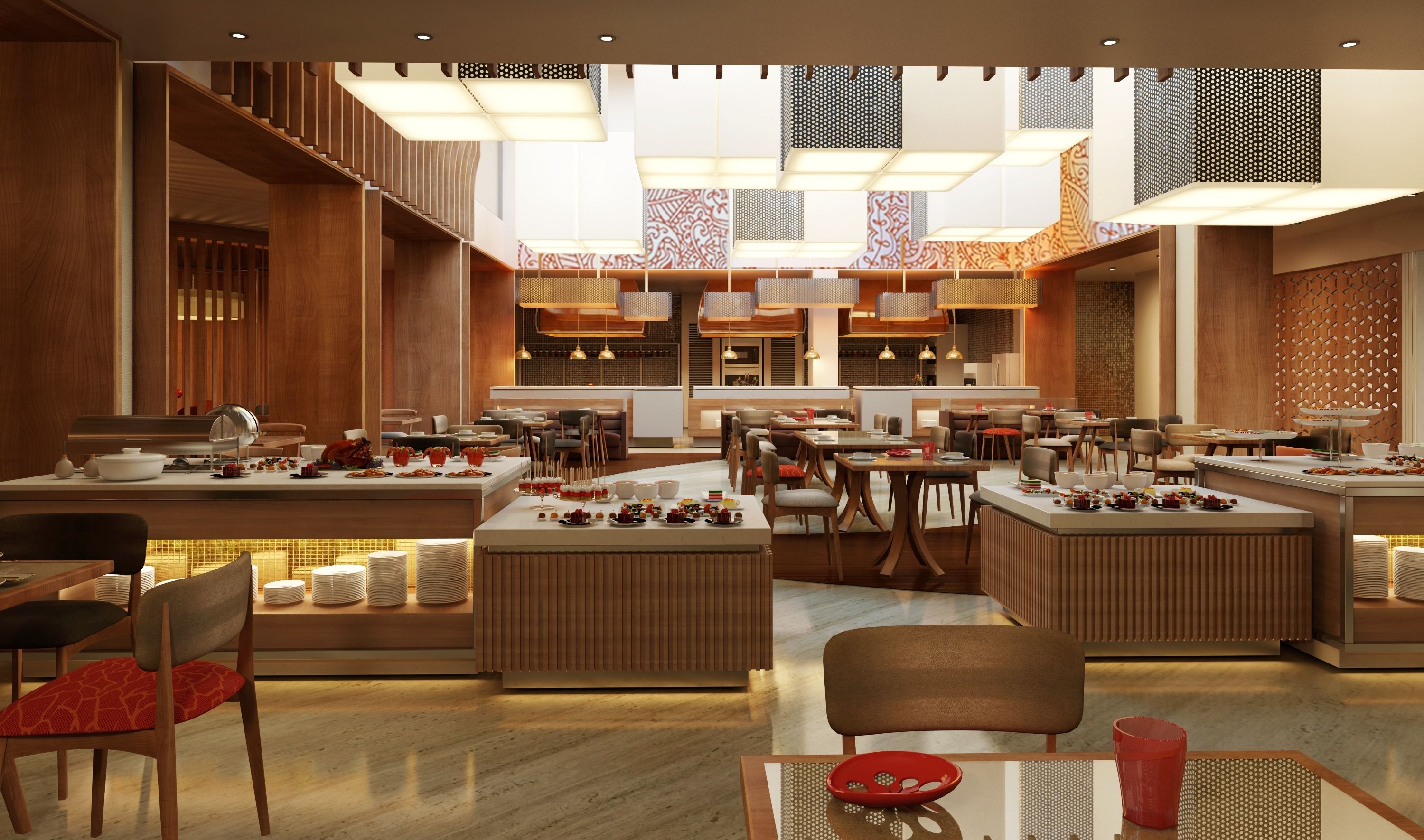 A modern restaurant with multiple dining areas, wooden paneling, and contemporary lighting fixtures.