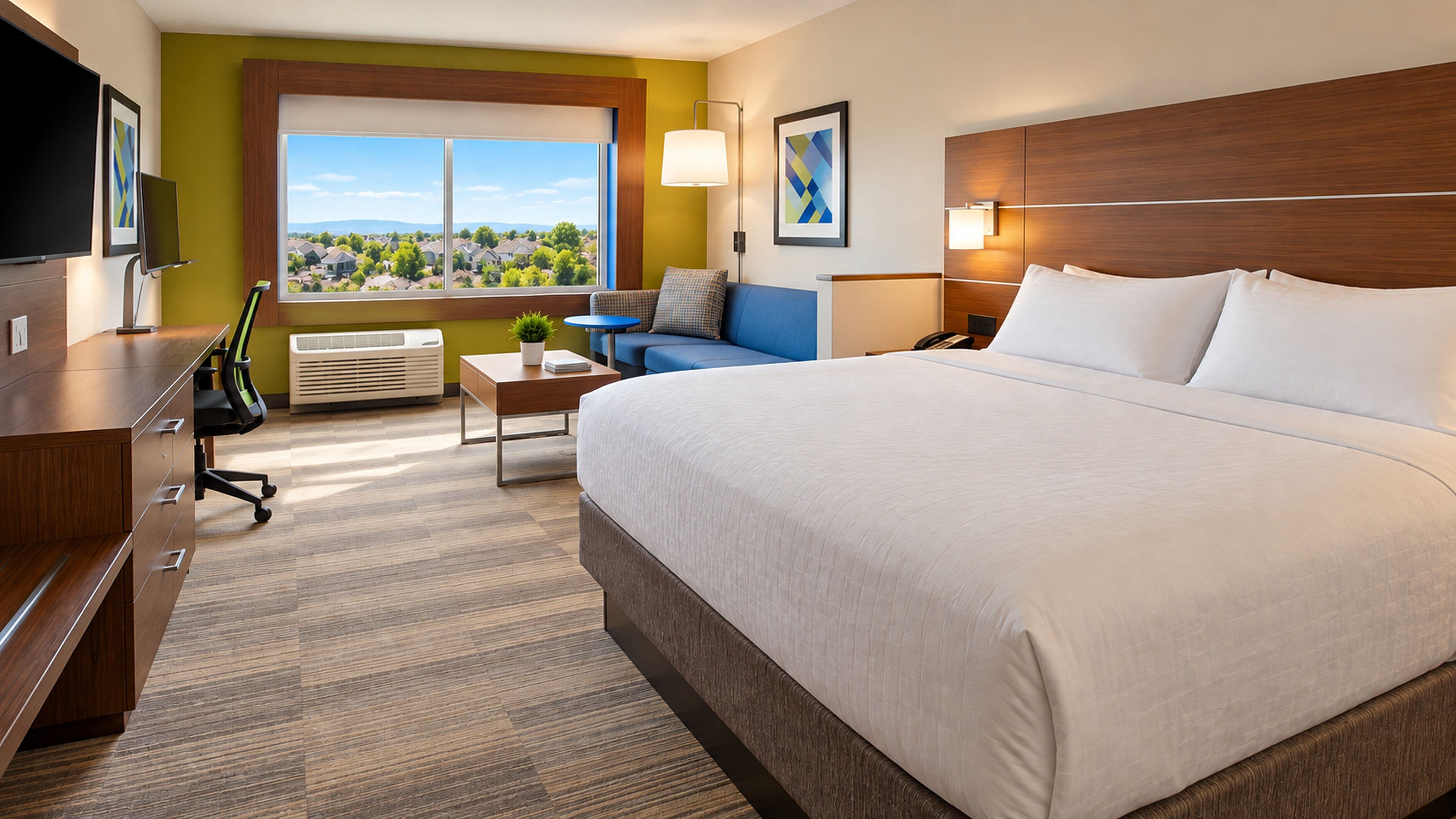 A hotel room with a large bed, a desk, a chair, a small table, a lamp, a TV, and a window with a view of houses.