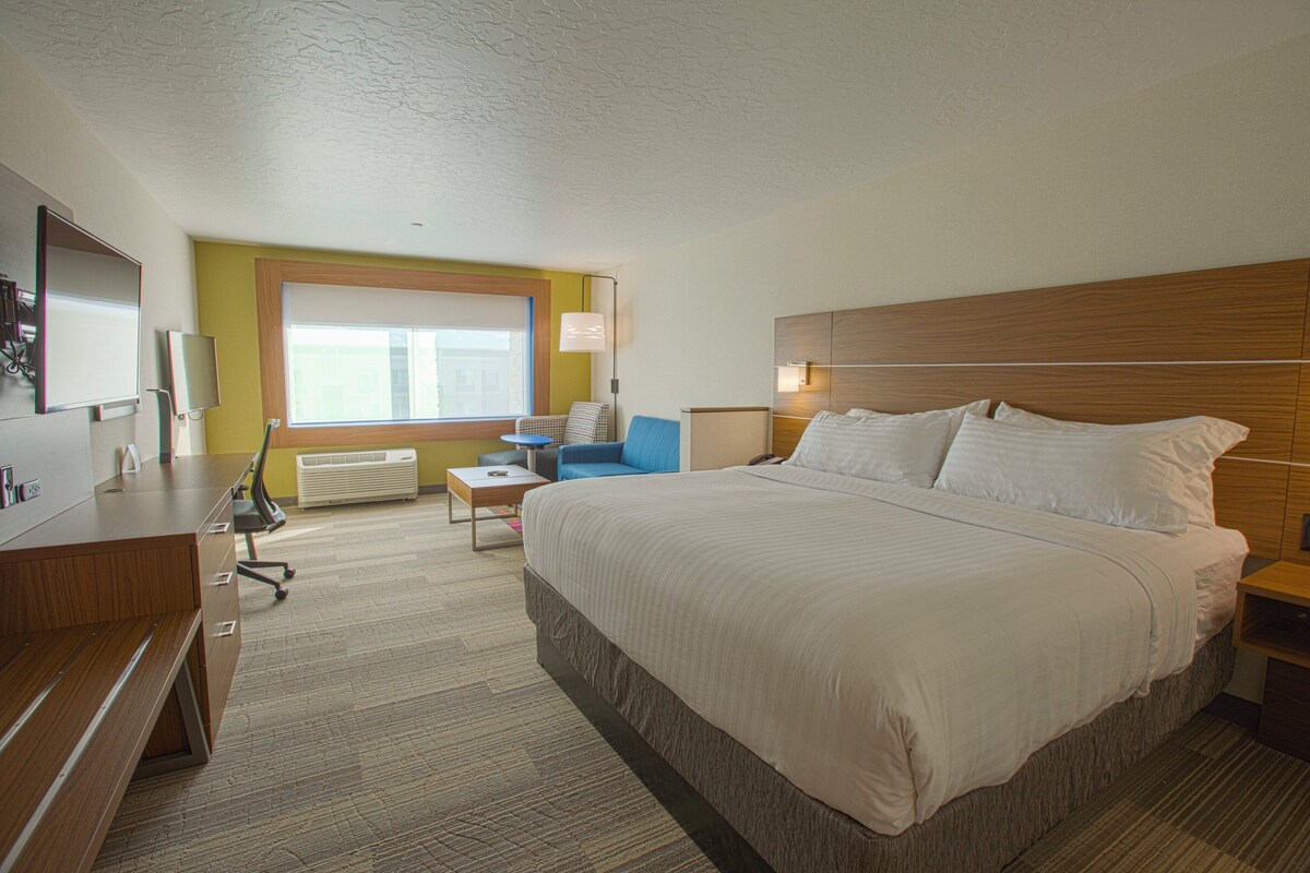 A hotel room with a large bed, a desk, a chair, a window, and a radiator.