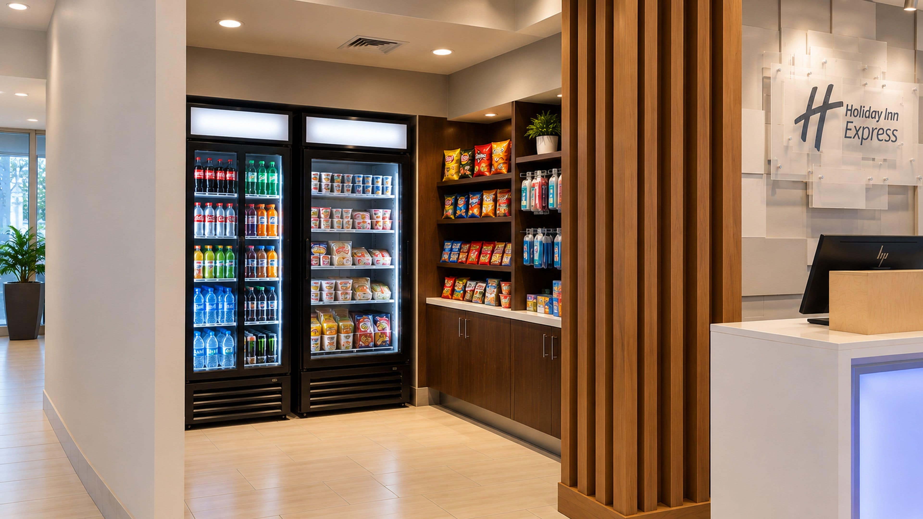 A hotel lobby with a reception desk, a Holiday Inn Express sign, and a refrigerated beverage display.