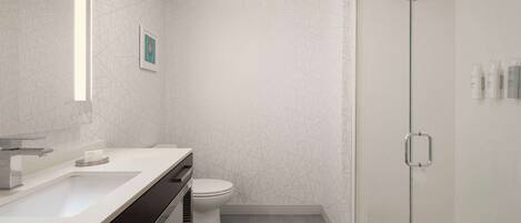 A modern bathroom with a glass shower enclosure, a white toilet, and a vanity with a sink and mirror.